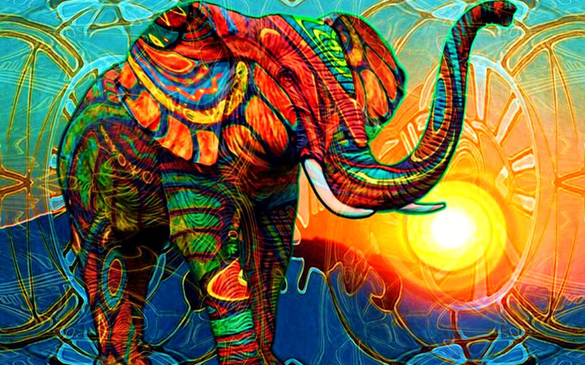 Trippy Animals 桌布 壁紙 — 一頭帶有紅色、綠色和藍色漩渦圖案的迷幻大象，站在光芒四射的太陽前，背景是發光的抽象圖案。