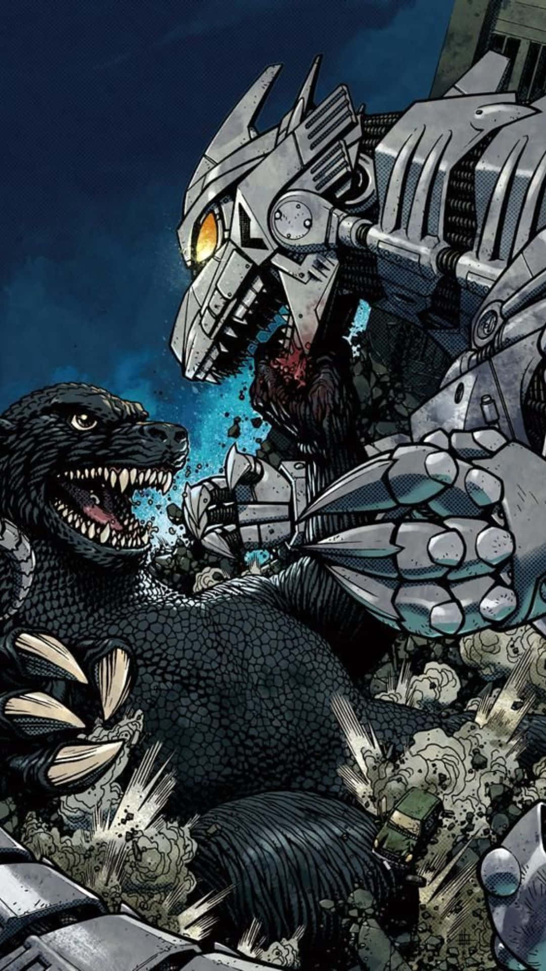 Godzilla Vs Mechagodzilla 桌布 壁紙 — 一頭怪獸哥斯拉在黑暗天空下，於破碎的城市戰場上與高聳的機械怪獸對峙，發出咆哮。