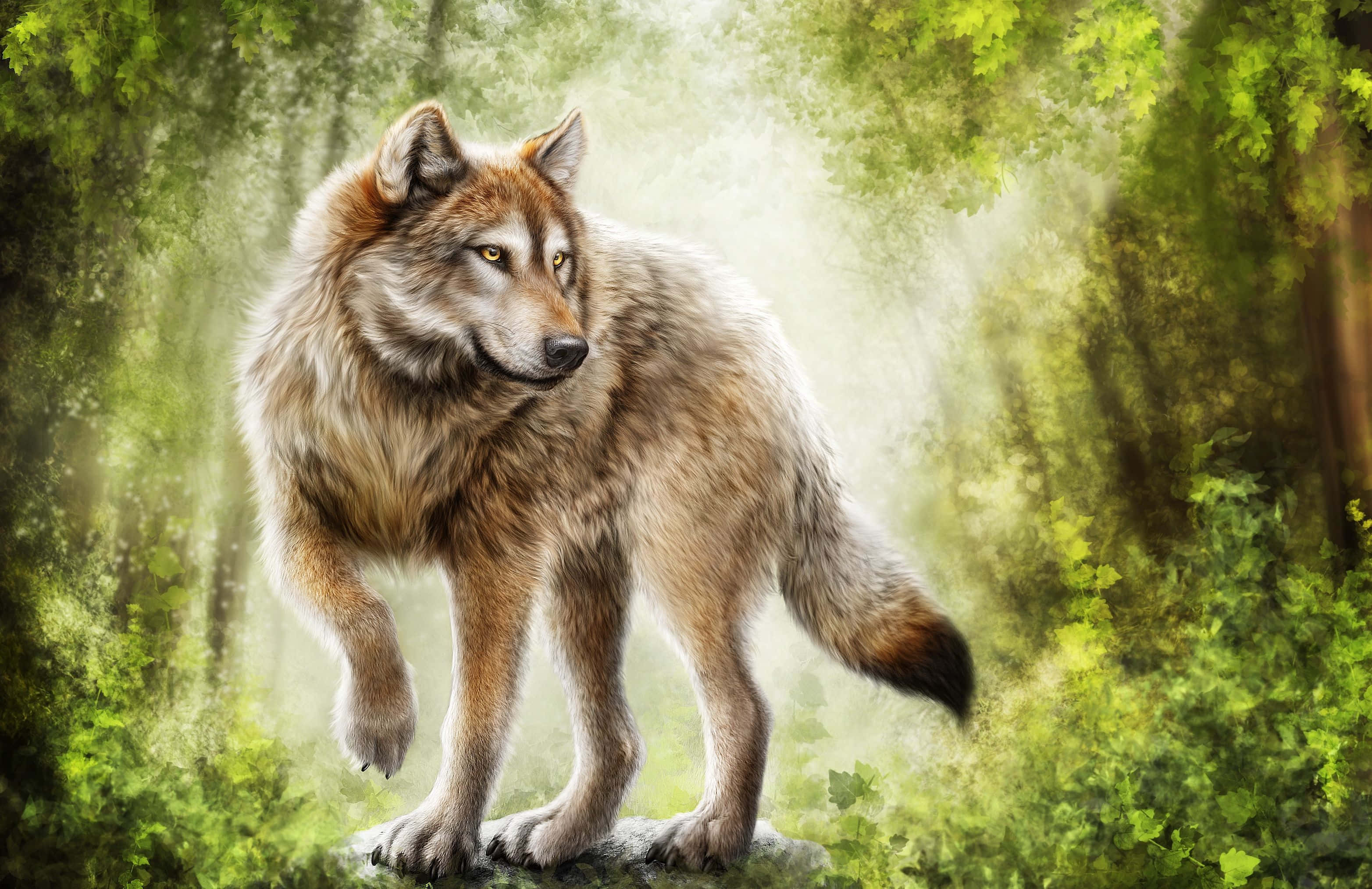 Gray Wolf 桌布 壁紙 — 一頭擁有金色眼睛的雄偉狼隻，在陽光普照的森林中大步前行，四周環繞著充滿活力的綠色樹葉和斑駁的光影。