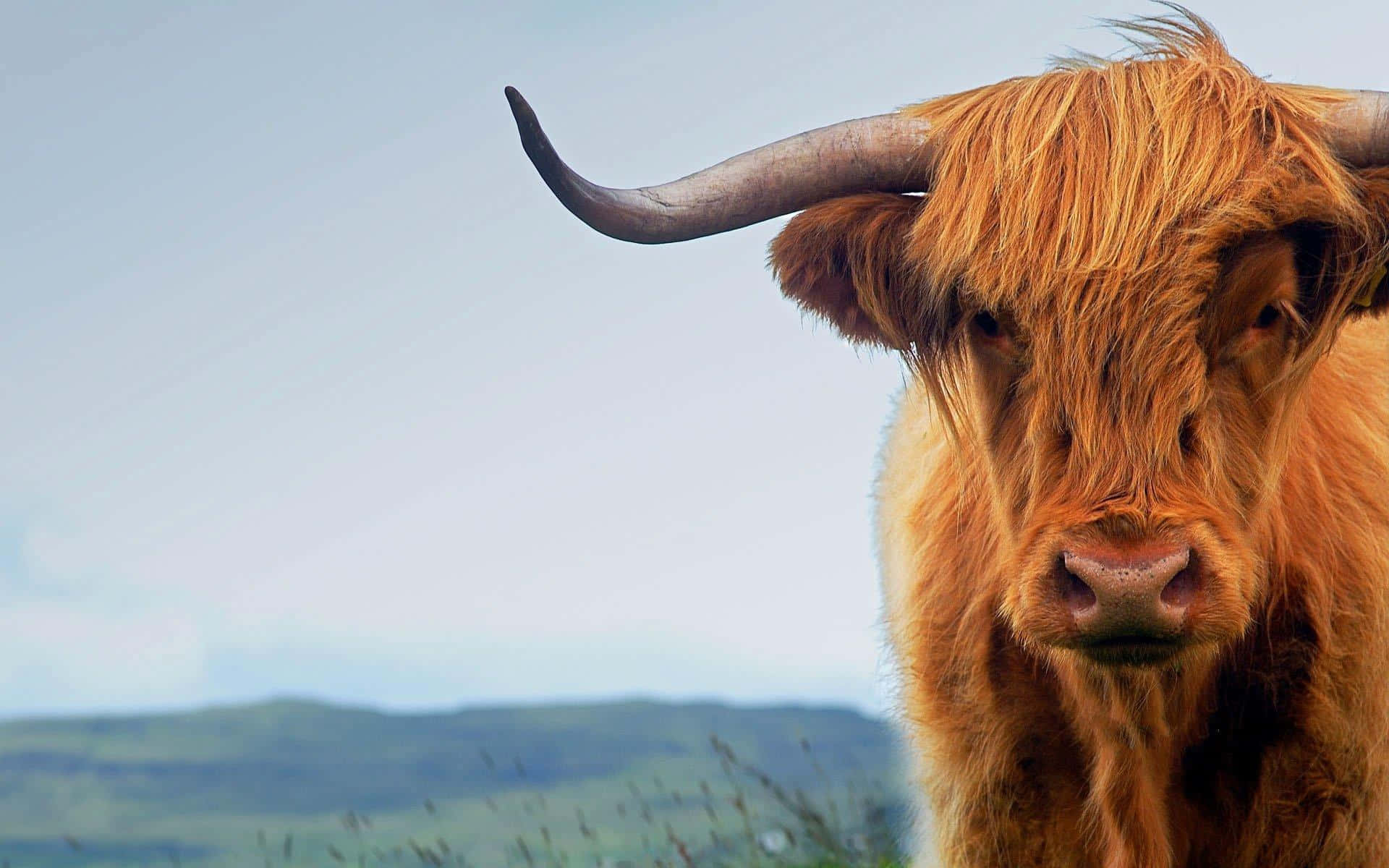 Highland Cow 桌布 壁紙 — 一頭擁有長而蓬鬆橙色毛髮和彎曲角的蘇格蘭高地牛，在柔和的綠色山坡背景下直視鏡頭的特寫。