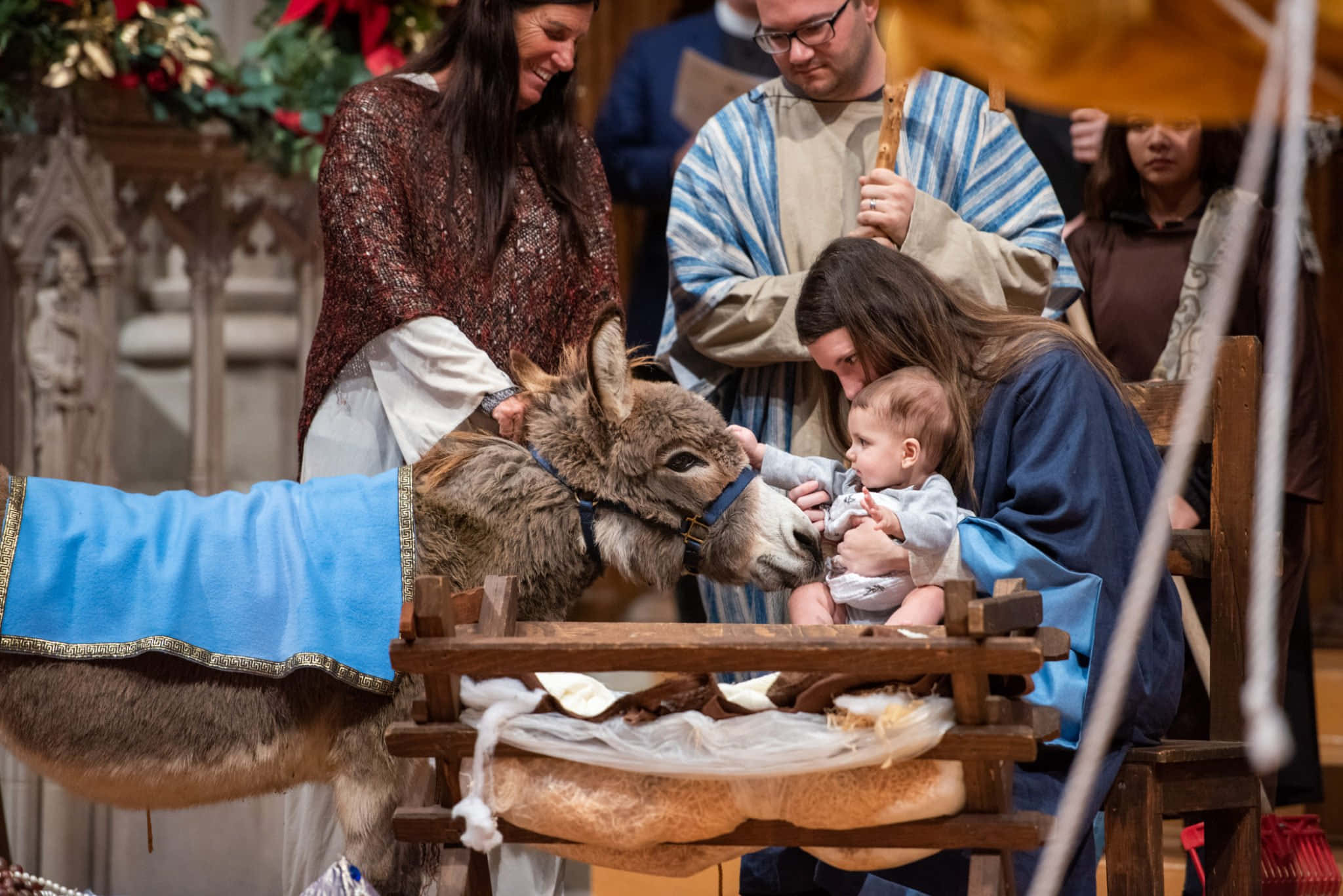 Nativity Scene 桌布 壁紙 — 一頭活驢在耶穌誕生場景中輕輕地用鼻子蹭著一位身穿藍色長袍的女子懷抱的嬰兒，而穿著古裝的演員們在旁觀看。