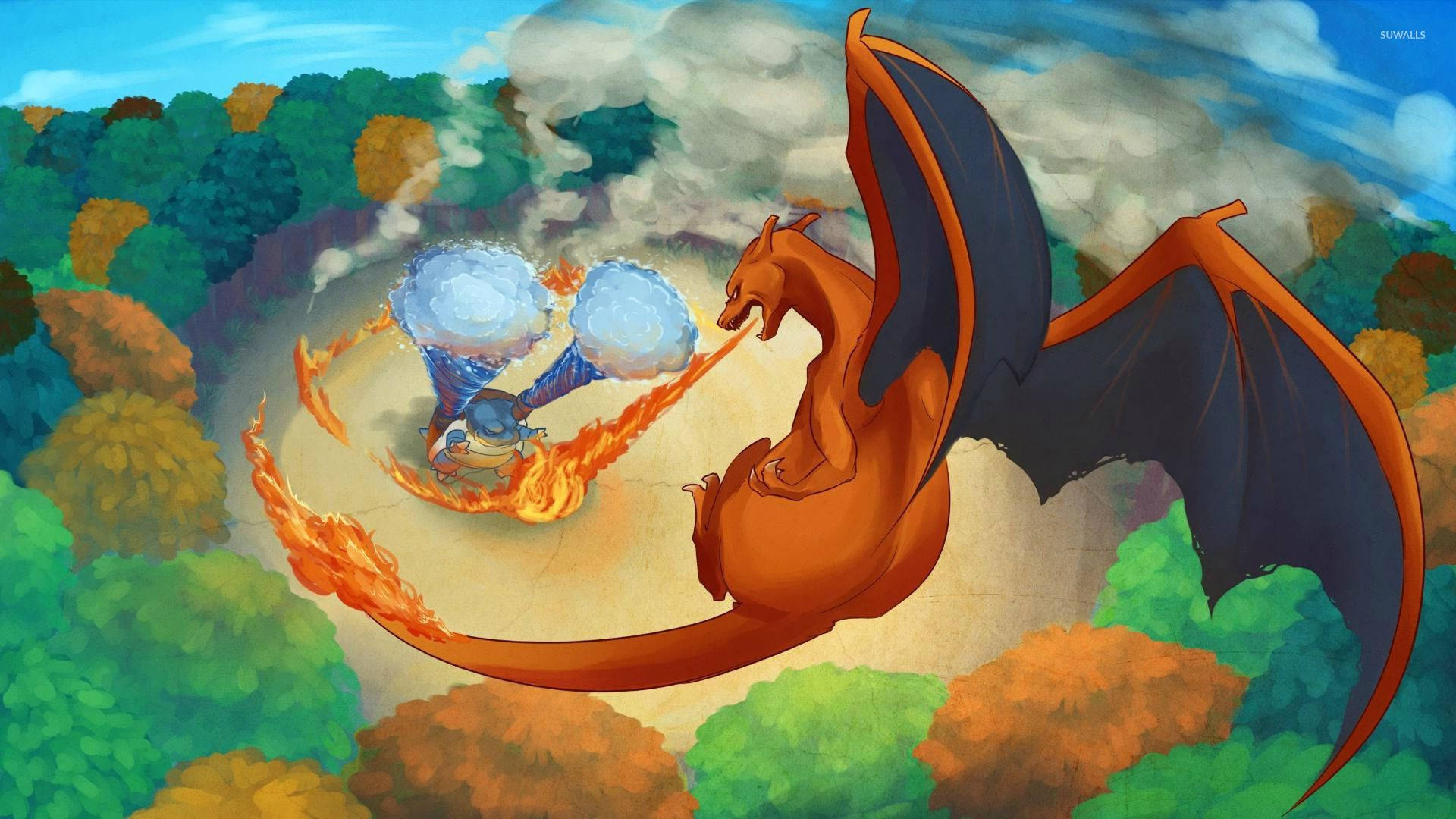 Fire Breathing Charizard 壁紙 — 一頭火橙色巨龍在森林上空翱翔，向被冰球包圍的小藍色生物噴射火焰。