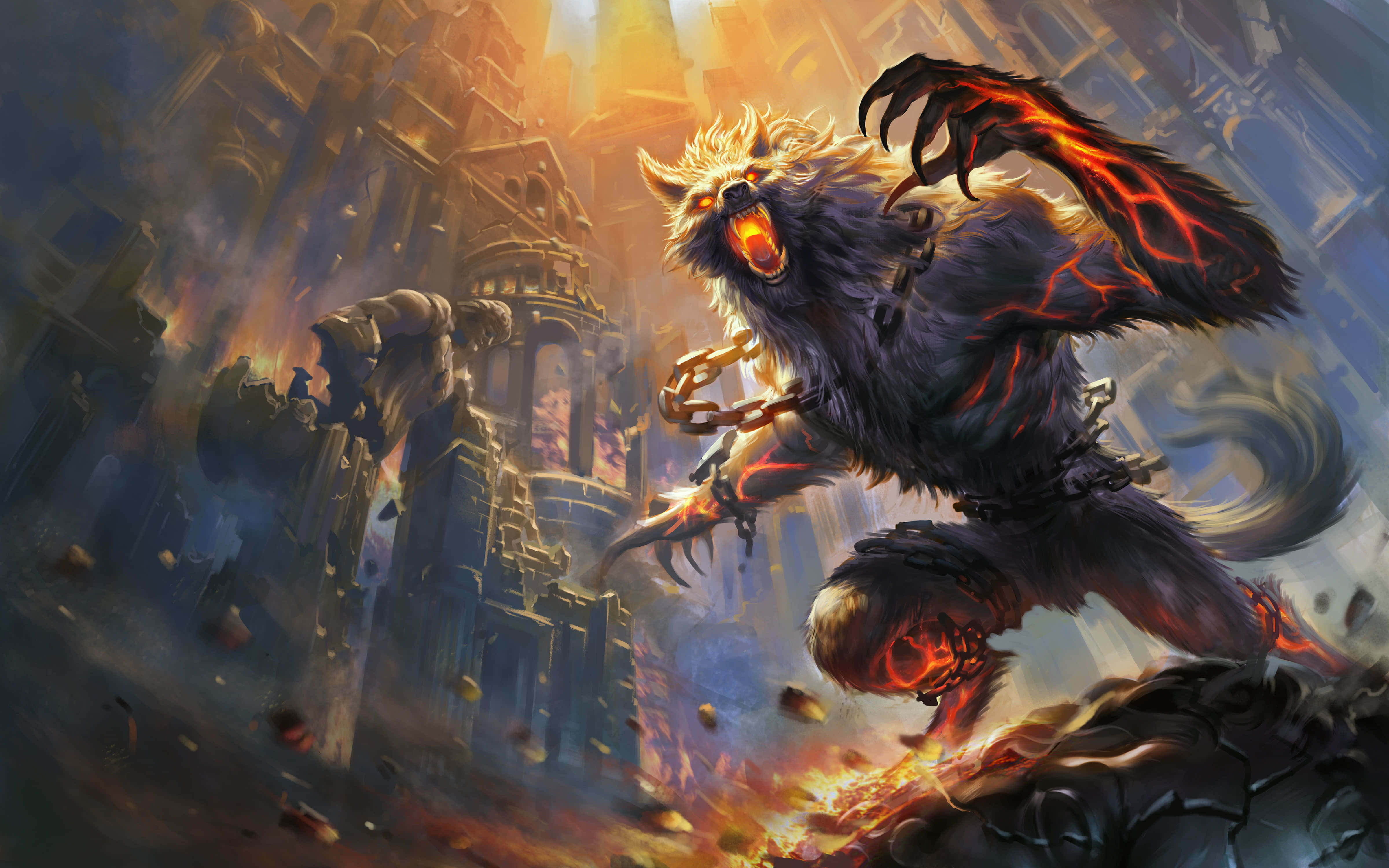beast 桌布 壁紙 — 一頭燃燒的惡魔狼，眼睛發光，血管熔化，在燃燒的天空下，在破碎的哥德式廢墟中咆哮。