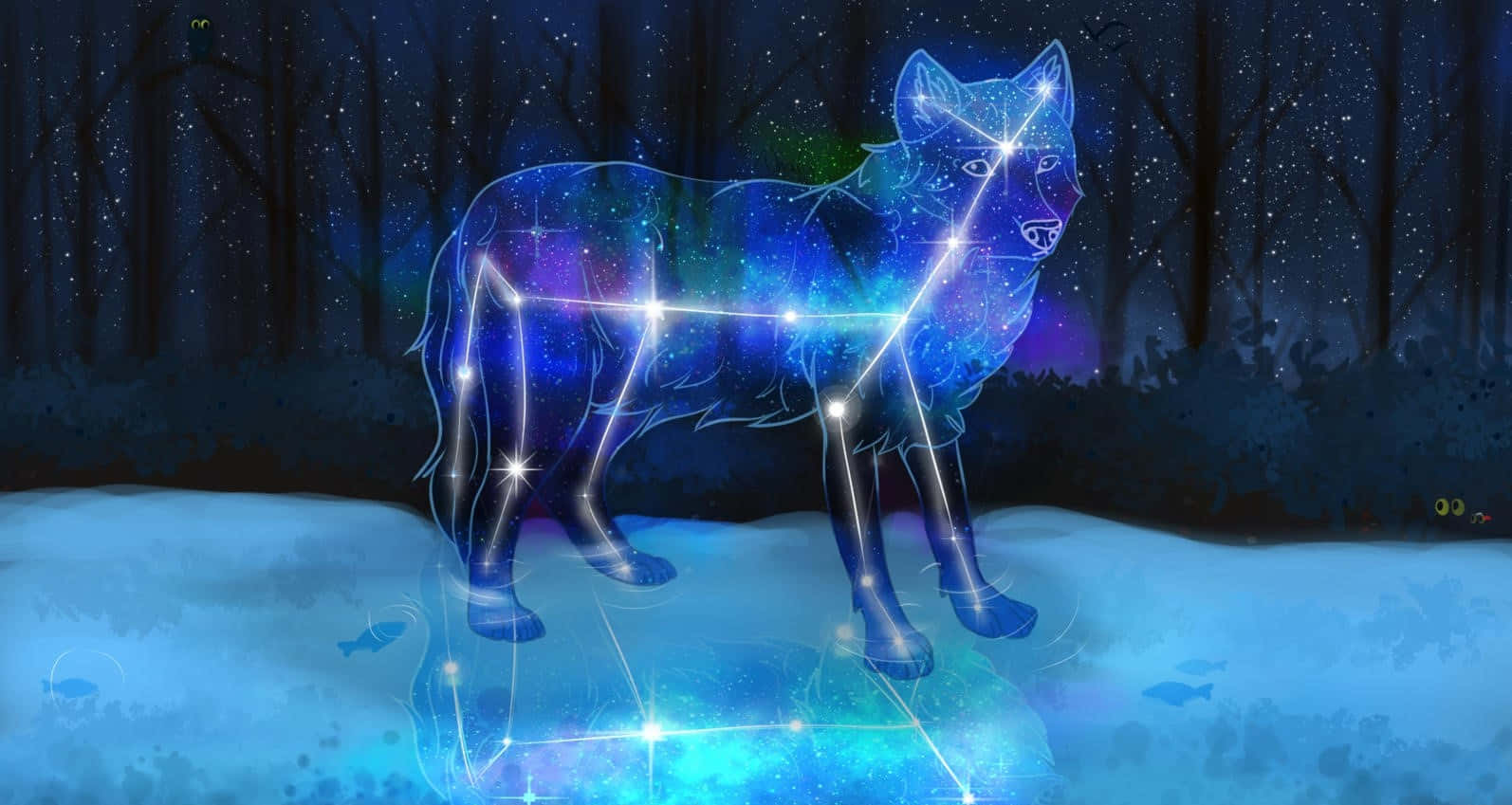 Patronus 桌布 壁紙 — 一頭發光的藍色星狼站在雪地森林中，星空下伴隨著宇宙光跡。