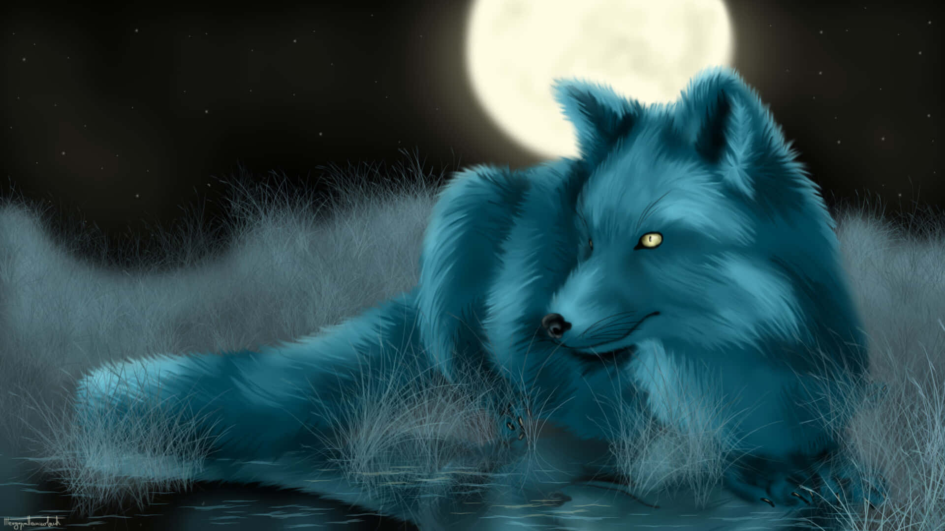 An incredible cool anime fox that will make you say wow 壁紙 — 一頭發光的藍色狼在草地上休息，滿月在其皮毛和周圍投下寧靜的光芒。