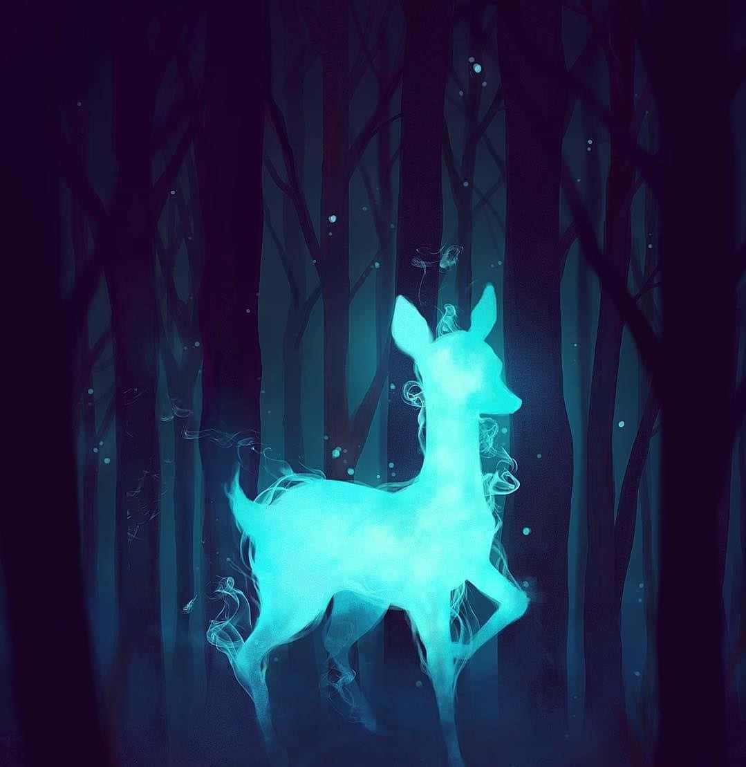 Patronus 桌布 壁紙 — 一頭發光的青色鹿在夜間神秘森林的黑暗剪影樹木間飄逸地站立。