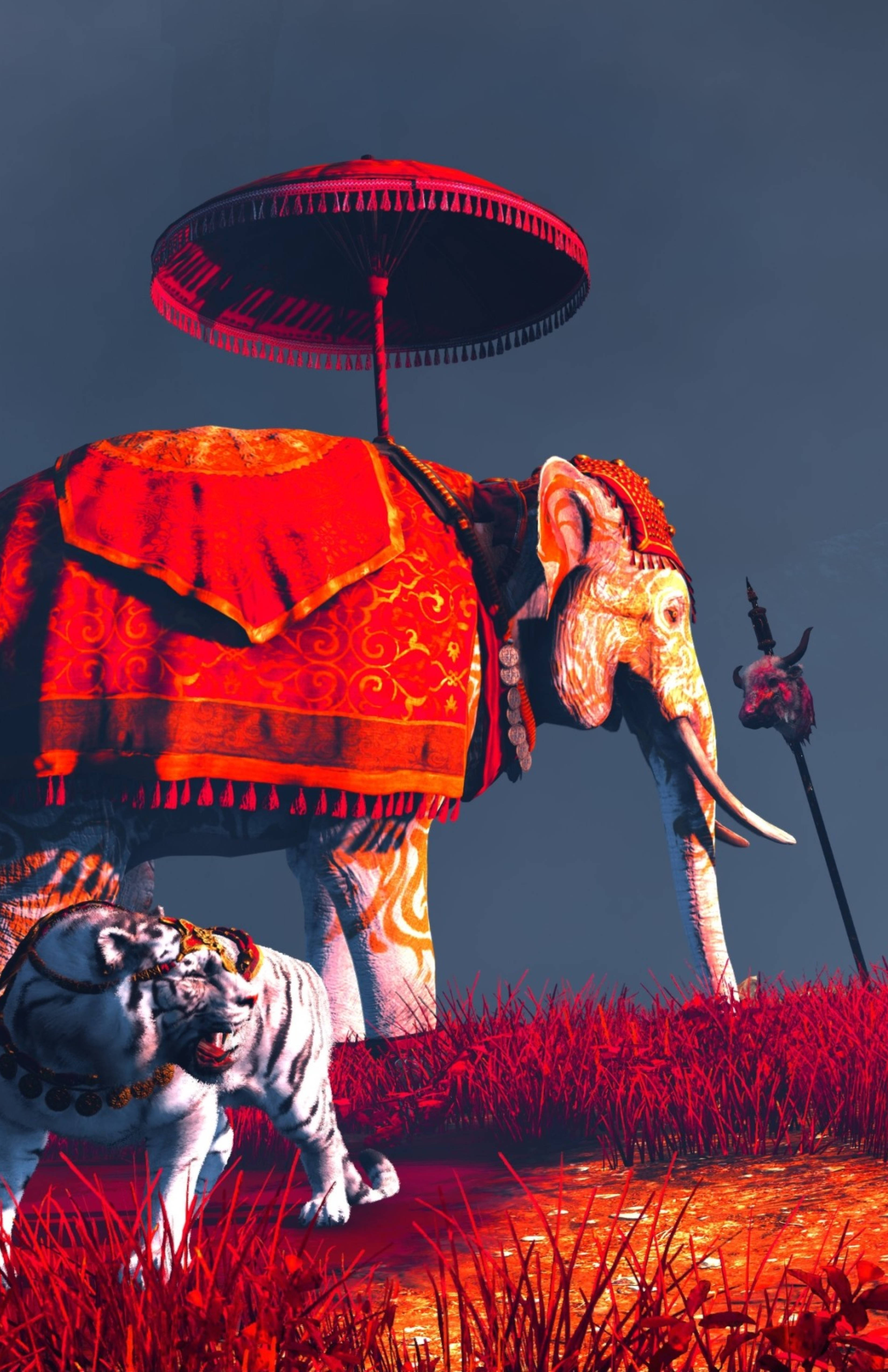 far cry iPhone 桌布 壁紙 — 一頭裝飾華麗的紅色大象與一隻白虎同伴，站在黑暗天空下閃爍紅光的草地上。