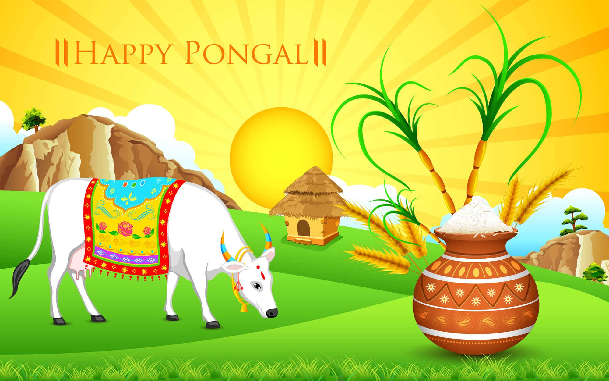 Pongal 桌布 壁紙 — 一頭裝飾過的白牛在傳統陶罐旁吃草，陶罐裡裝滿了米和甘蔗，在燦爛的陽光下。