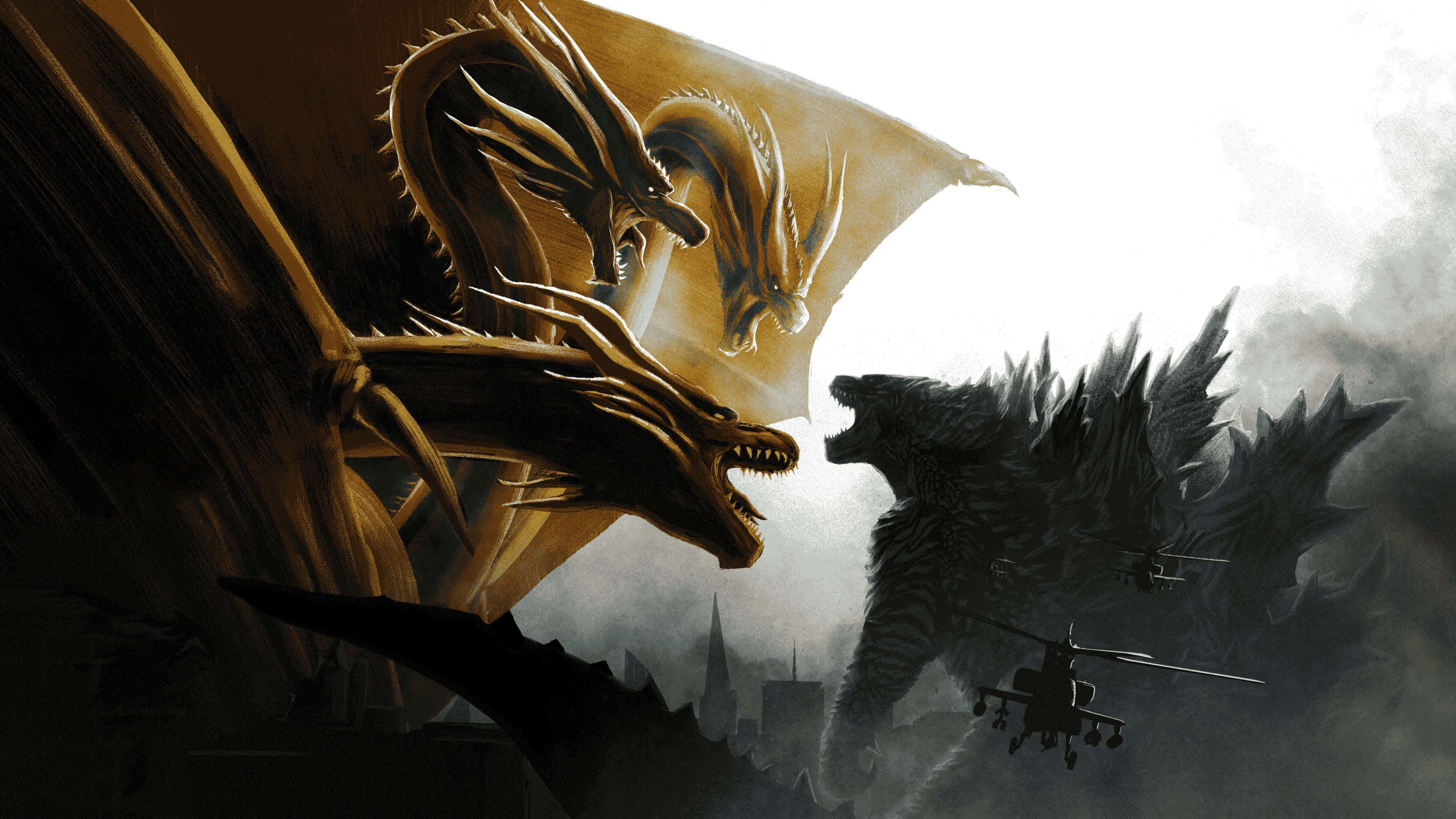King Ghidorah 桌布 壁紙 — 一頭金色多頭龍在明亮的天空中翱翔，而一隻黑暗的哥斯拉在下方咆哮，直升機在城市天際線附近飛行。