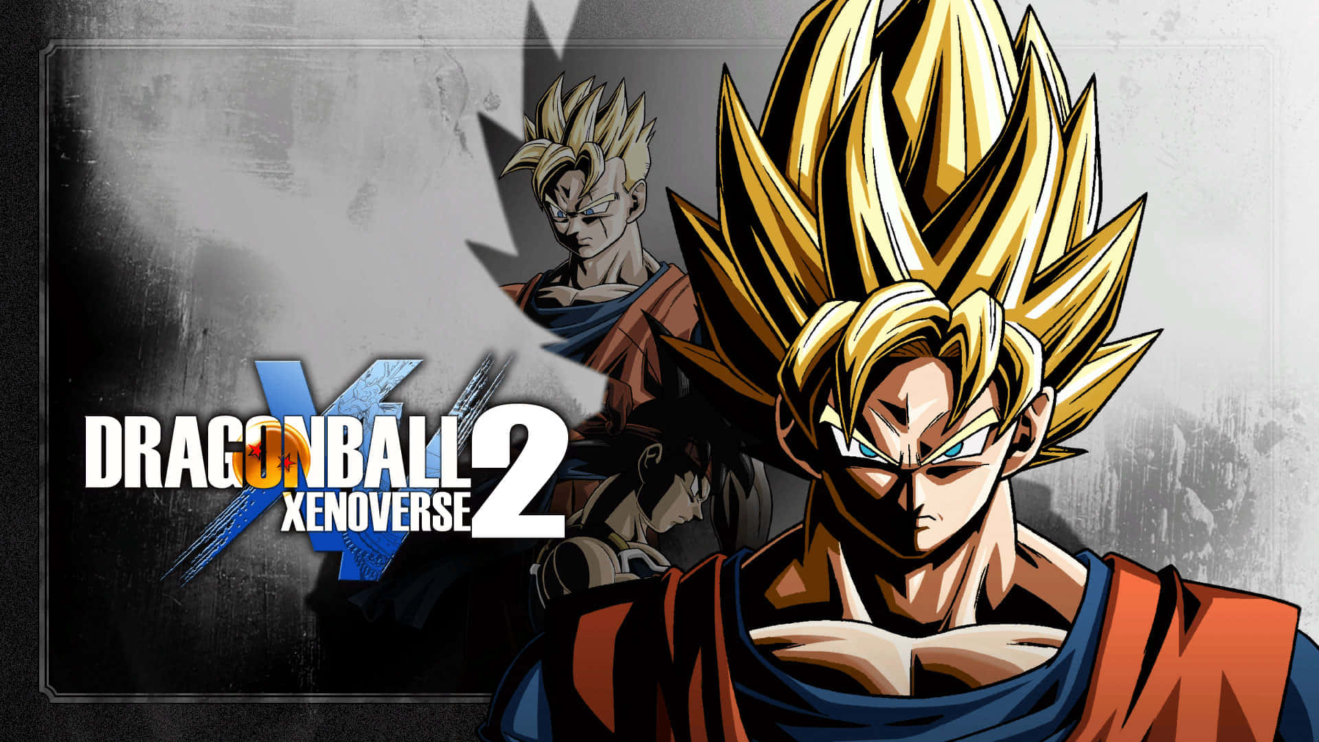 Dragon Ball Xenoverse 2 桌布 壁紙 — 一頭金髮的兇猛超級賽亞人悟空，在帶有龍珠超宇宙2標誌的粗糙灰色背景前，用銳利的眼神直視前方。