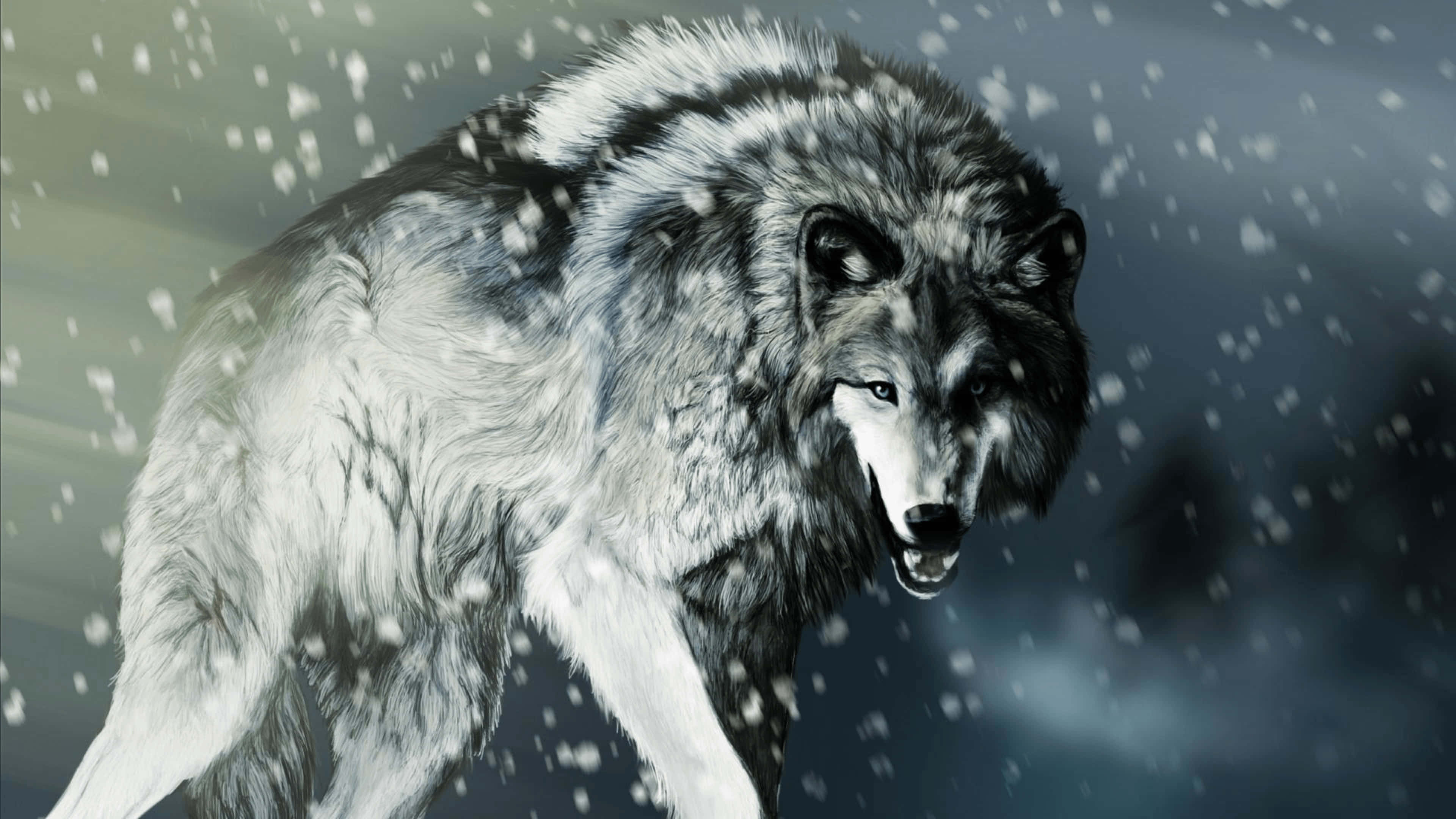 3d Wolf 桌布 壁紙 — 一頭雄偉的灰狼在暴風雪中大步前行，雪花在牠濃密的毛皮周圍旋轉。