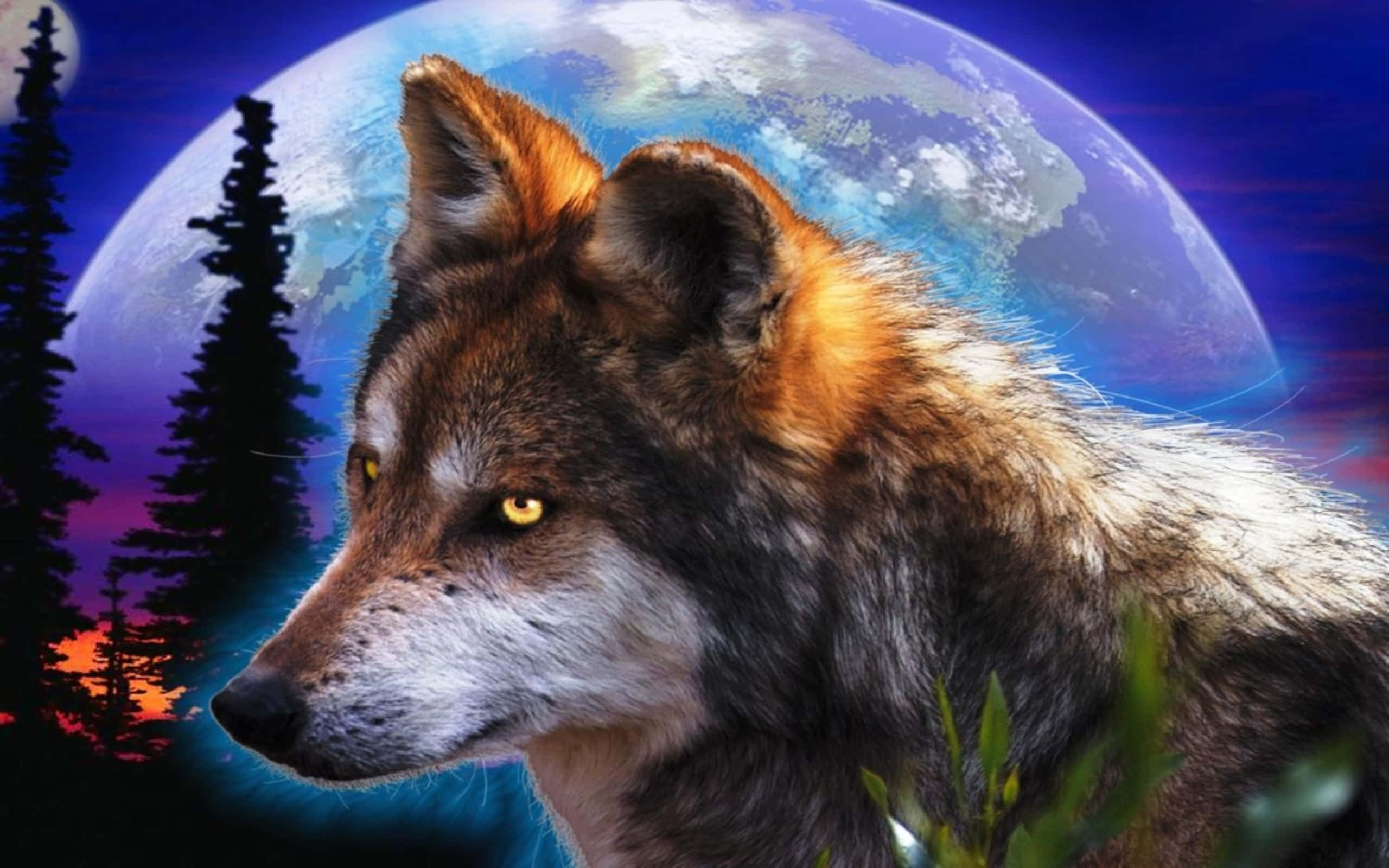 3d Wolf 桌布 壁紙 — 一頭雄偉的狼，眼睛發光，在巨大的月亮和暮色森林的超現實背景下向前凝視。