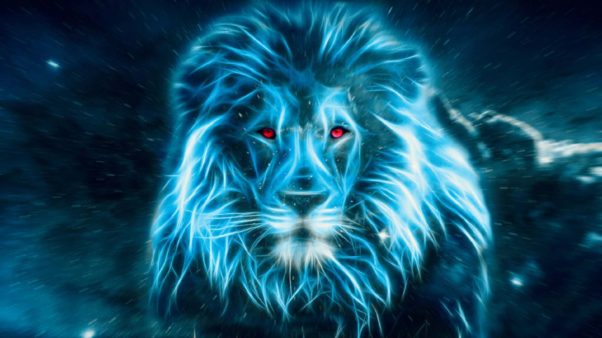 Lions 桌布 壁紙 — 一頭雄偉的獅子，擁有電光藍色的毛髮和發光的紅色眼睛，在宇宙星空的背景下強烈凝視。