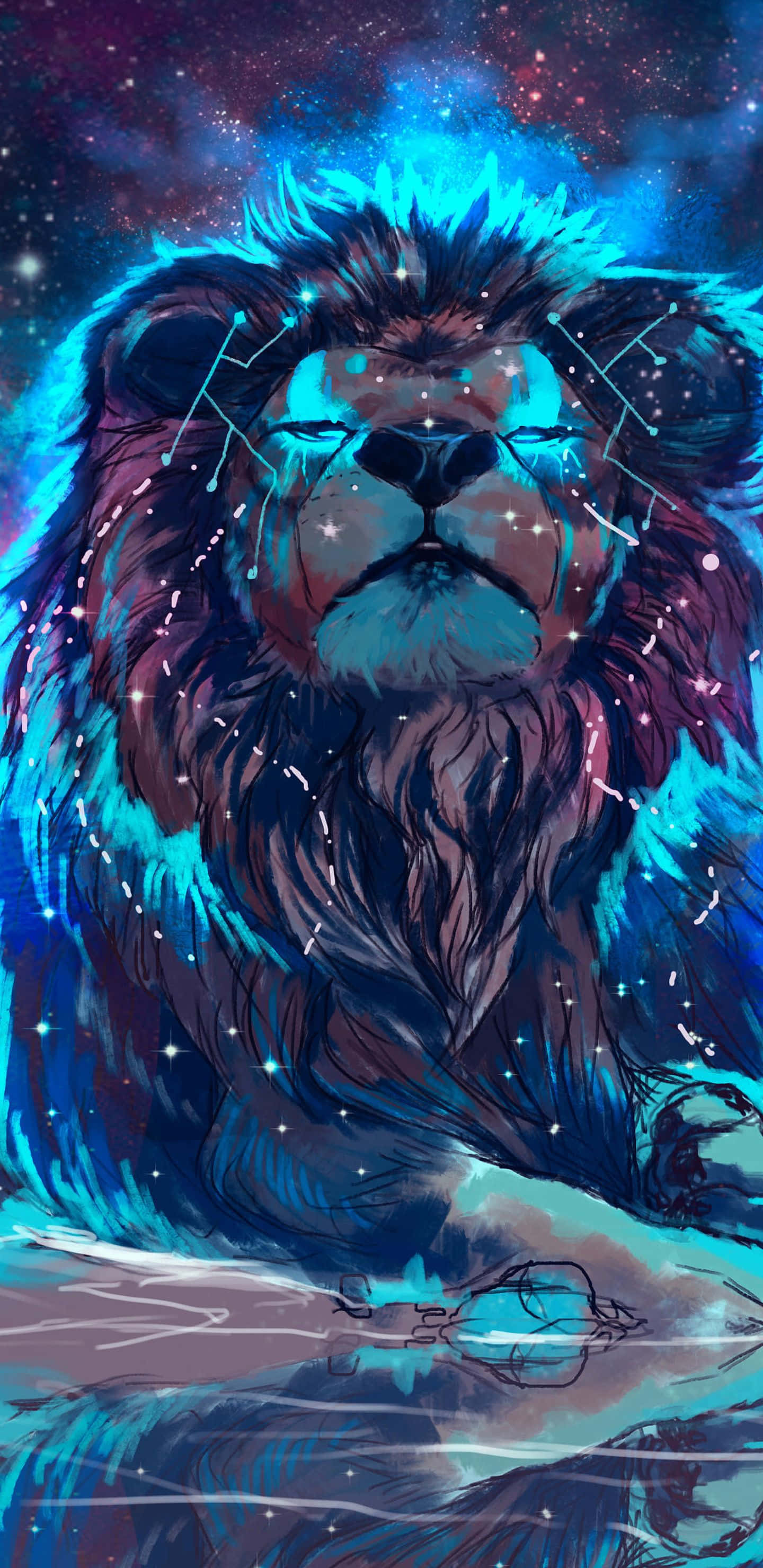 Lions 桌布 壁紙 — 一頭雄偉的獅子，毛髮中閃爍著宇宙星辰和星座，映襯著充滿活力的星雲天空。