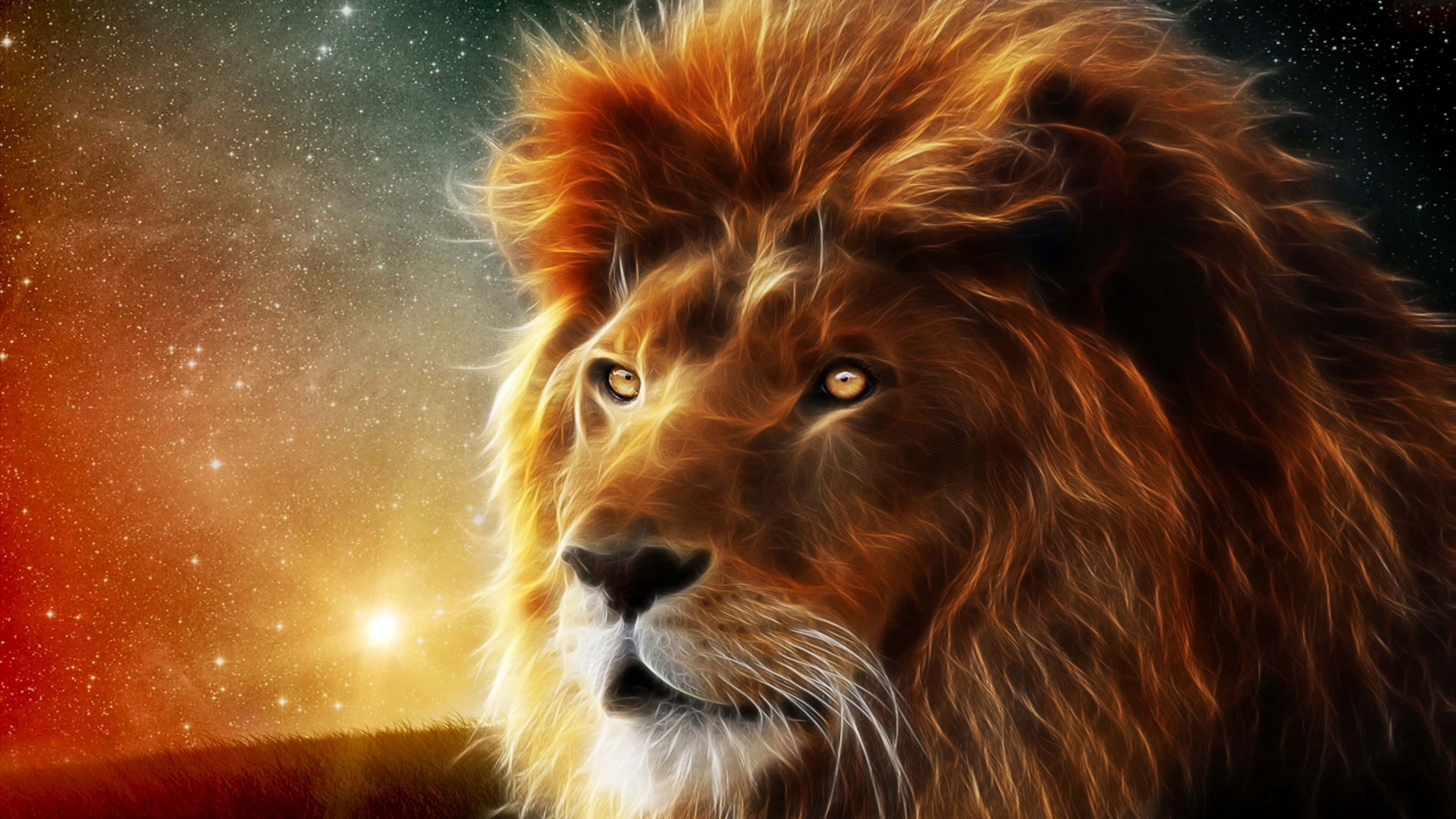 3d Animal 桌布 壁紙 — 一頭雄偉的獅子，眼睛發光，凝視著充滿星星和星雲的鮮豔宇宙背景。
