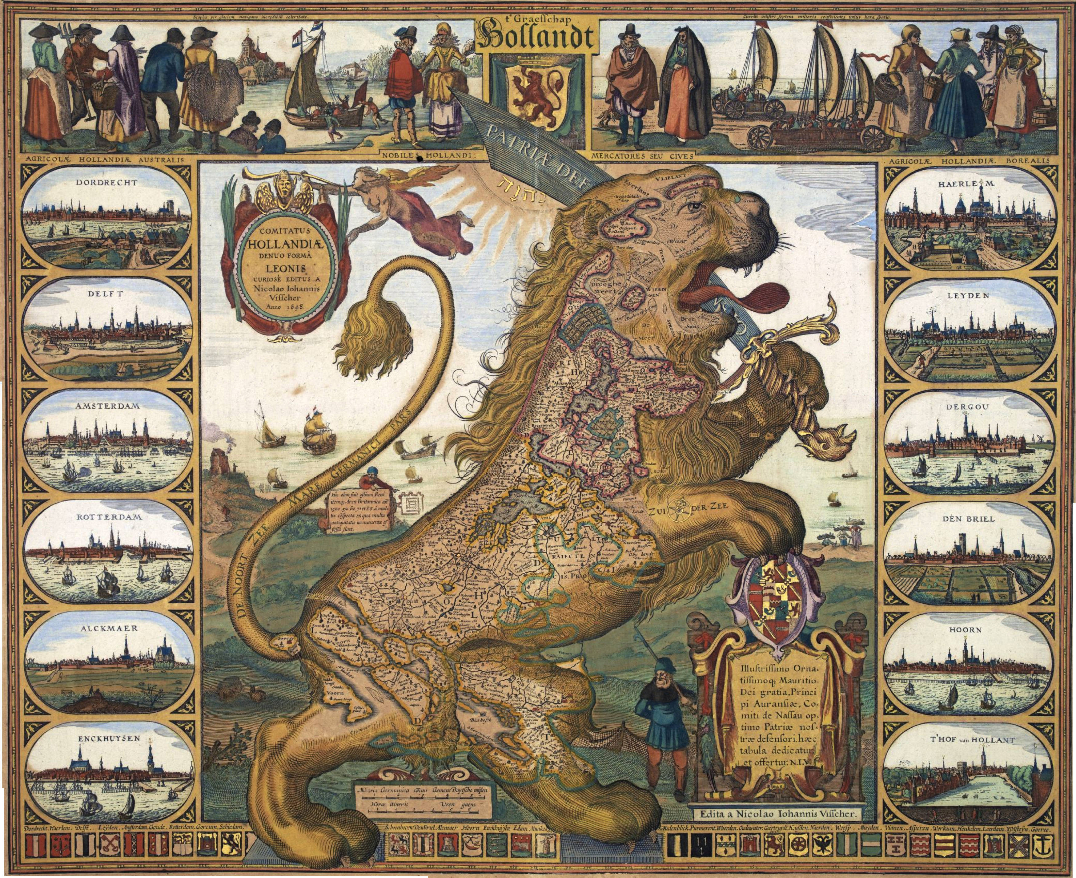 Leo Hollandicus 壁紙 — 一頭雄偉的獅子，身上有荷蘭地圖，驕傲地站立，周圍環繞著圓形城市景觀和歷史人物。