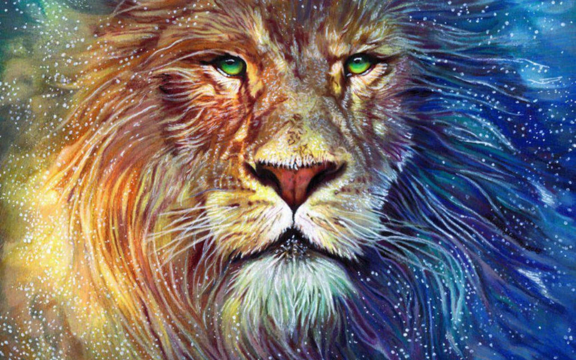 獅子 桌布 壁紙 — 一頭雄偉的獅子，閃爍著綠色光芒的眼睛直視前方，其鬃毛融入由恆星和旋轉星雲組成的宇宙星系中。
