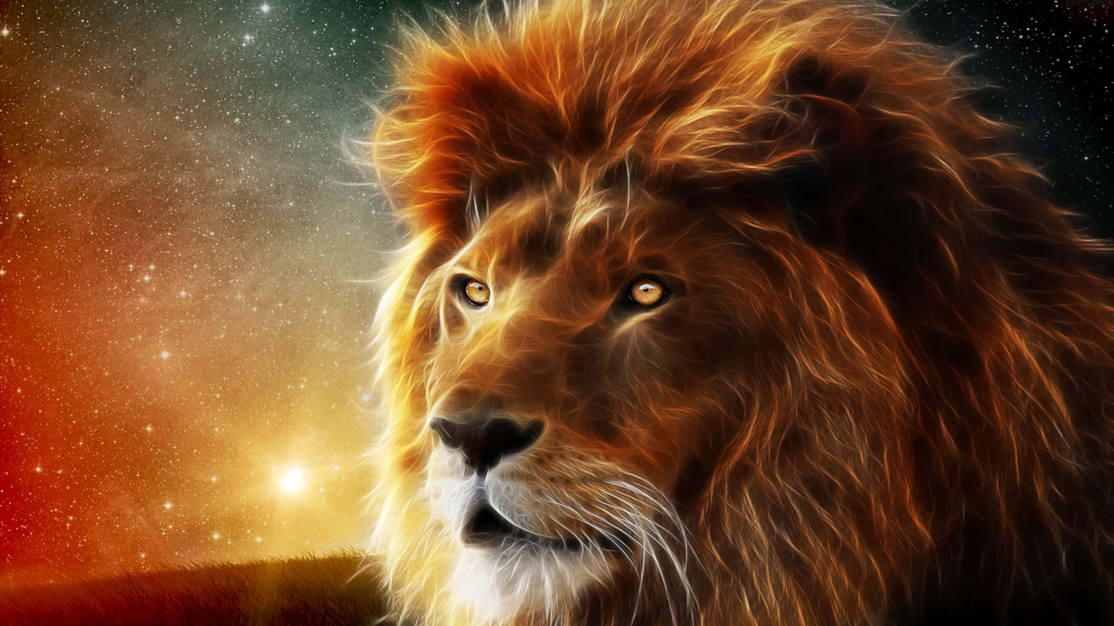 Lion Of Judah 桌布 壁紙 — 一頭雄偉的獅子，雙眼發光，凝視著充滿星星和星雲的鮮豔宇宙背景。