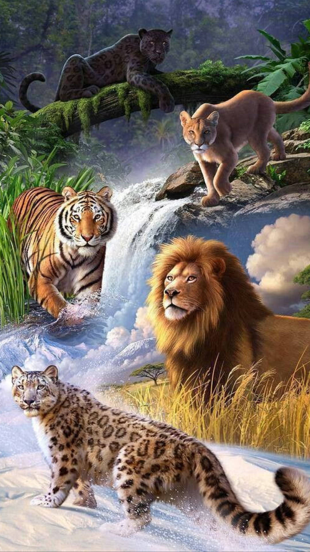 獅子 桌布 壁紙 — 一頭雄偉的獅子、雪豹、老虎、豹子和美洲獅聚集在茂密叢林中的瀑布周圍。