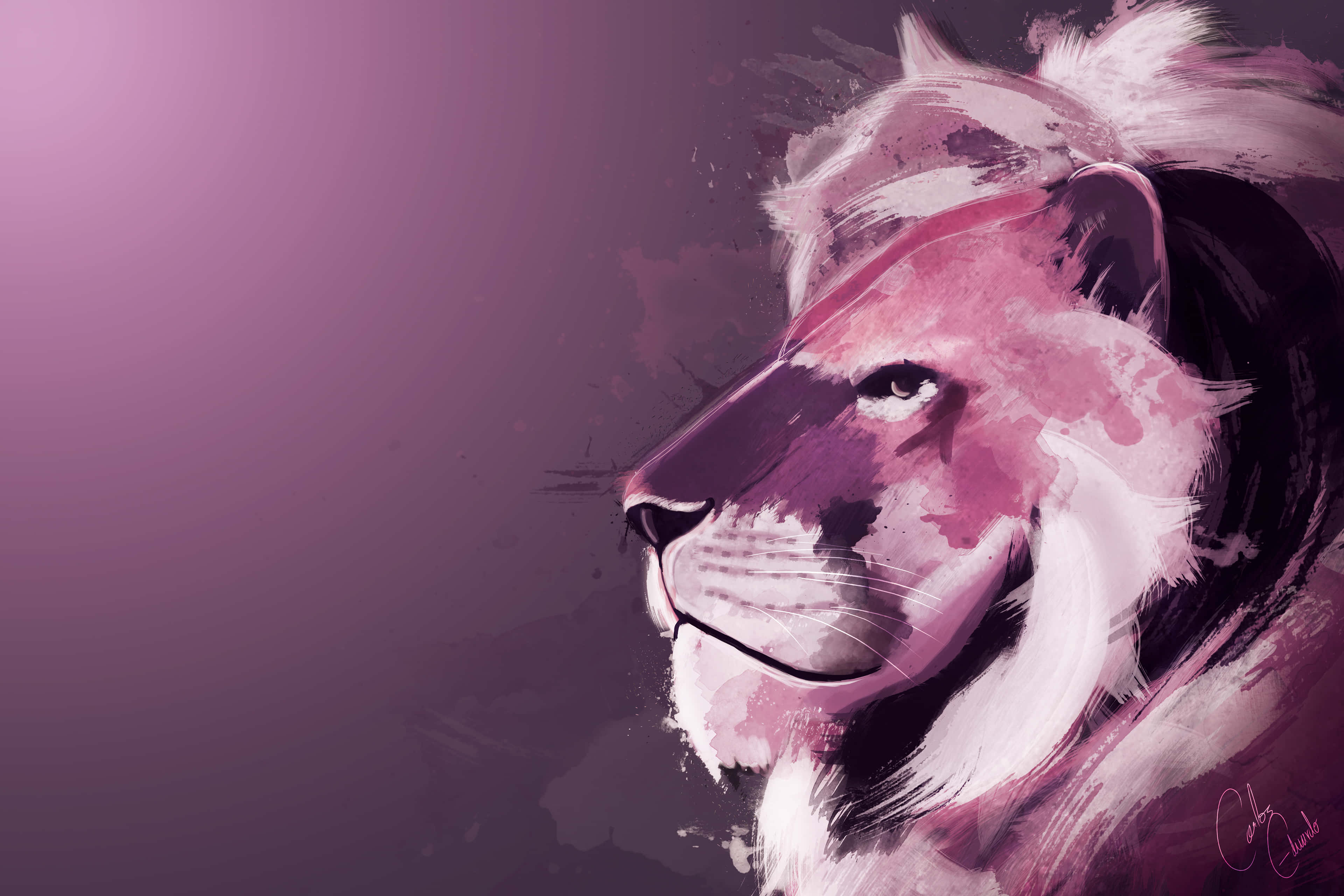 Lions 桌布 壁紙 — 一頭雄偉的獅子以柔和的水彩粉紅和紫色調繪製，筆觸富有表現力。