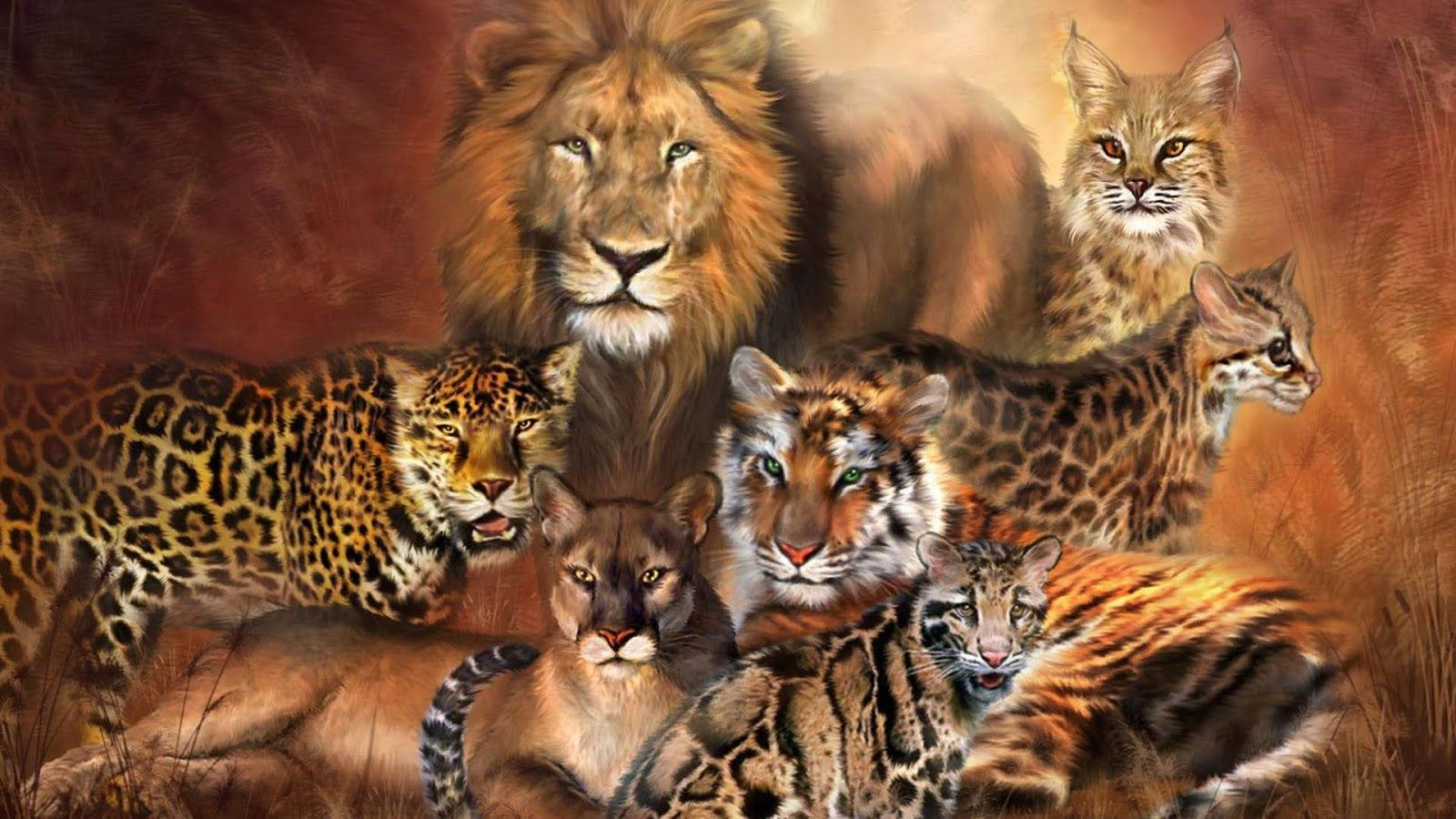 獅子 桌布 壁紙 — 一頭雄偉的獅子帶領一群大型貓科動物，包括豹、老虎、美洲獅和猞猁，在溫暖的金色稀樹草原場景中。