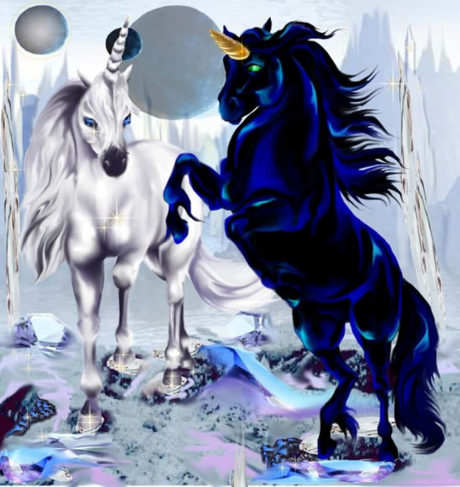 Unicorns 桌布 壁紙 — 一頭雄偉的白色獨角獸和一頭擁有發光綠色眼睛的強大藍色獨角獸，在雙月天空下的水晶般夢幻景觀中屹立。