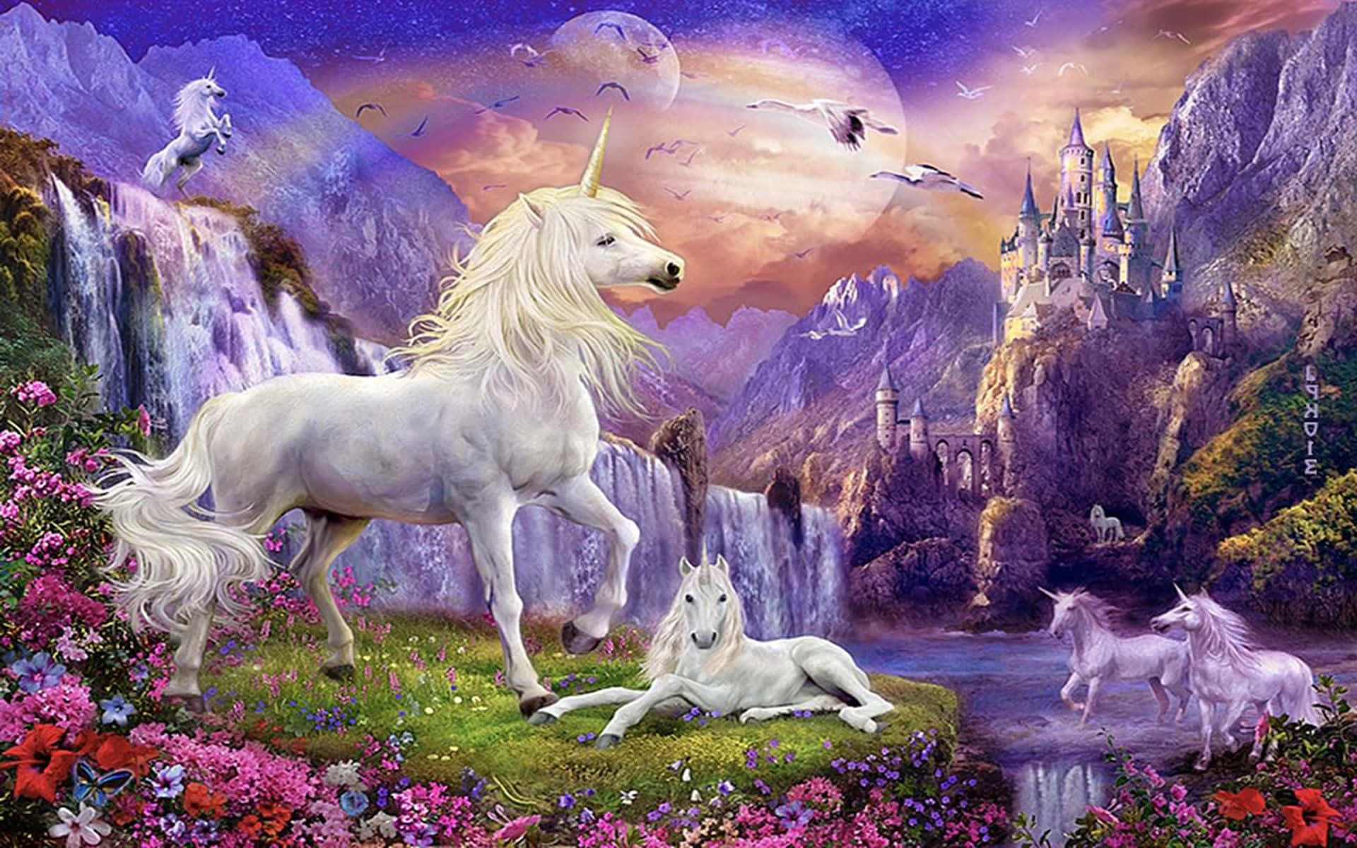 Unicorns 桌布 壁紙 — 一頭雄偉的白色獨角獸站在充滿活力的花草地旁，旁邊是層疊的瀑布，山上有城堡，在暮色天空下。