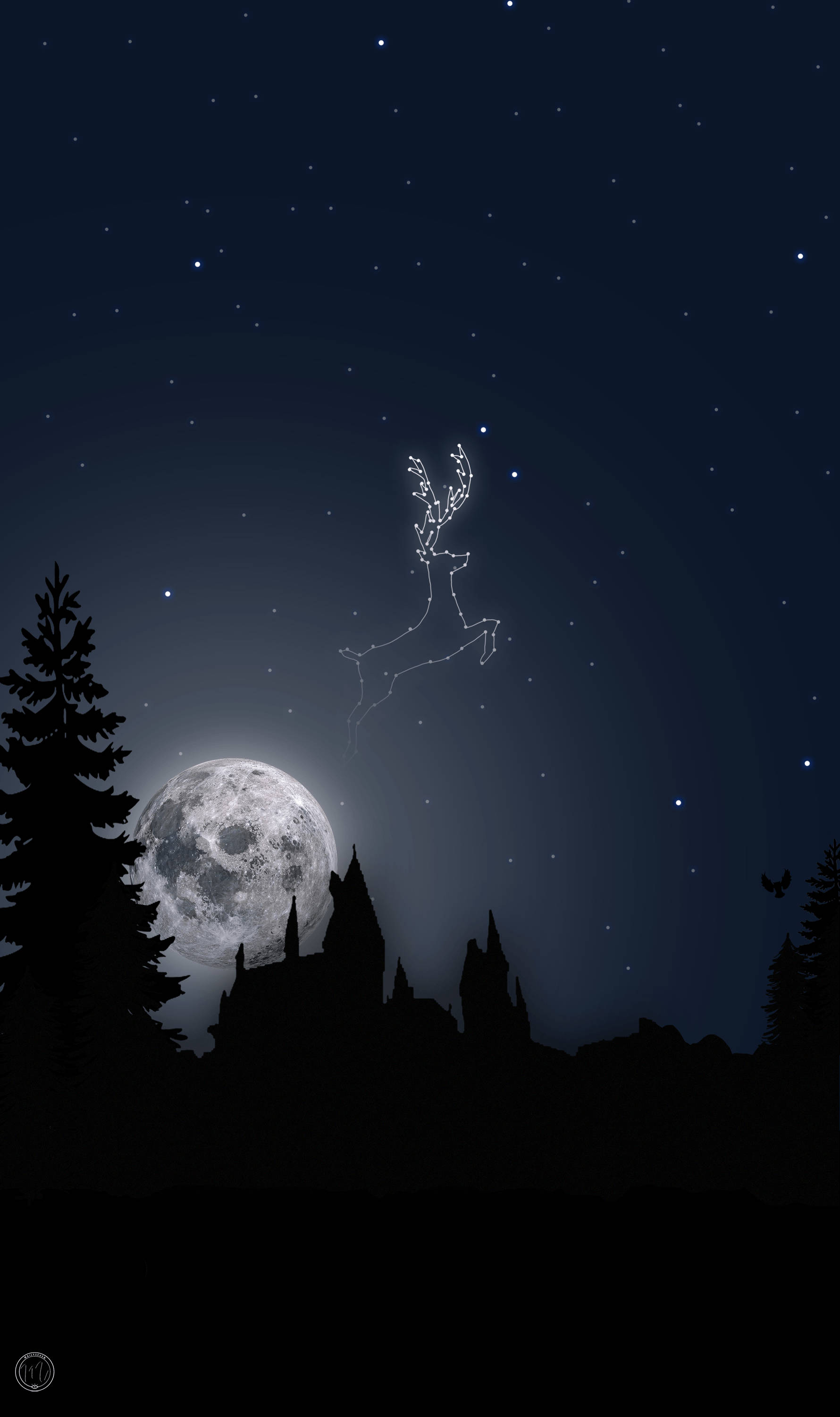 iPhone 桌布 壁紙 — 一頭雄偉的鹿星座在繁星點點的夜空中跳躍，越過月光下的城堡輪廓，周圍環繞著松樹。