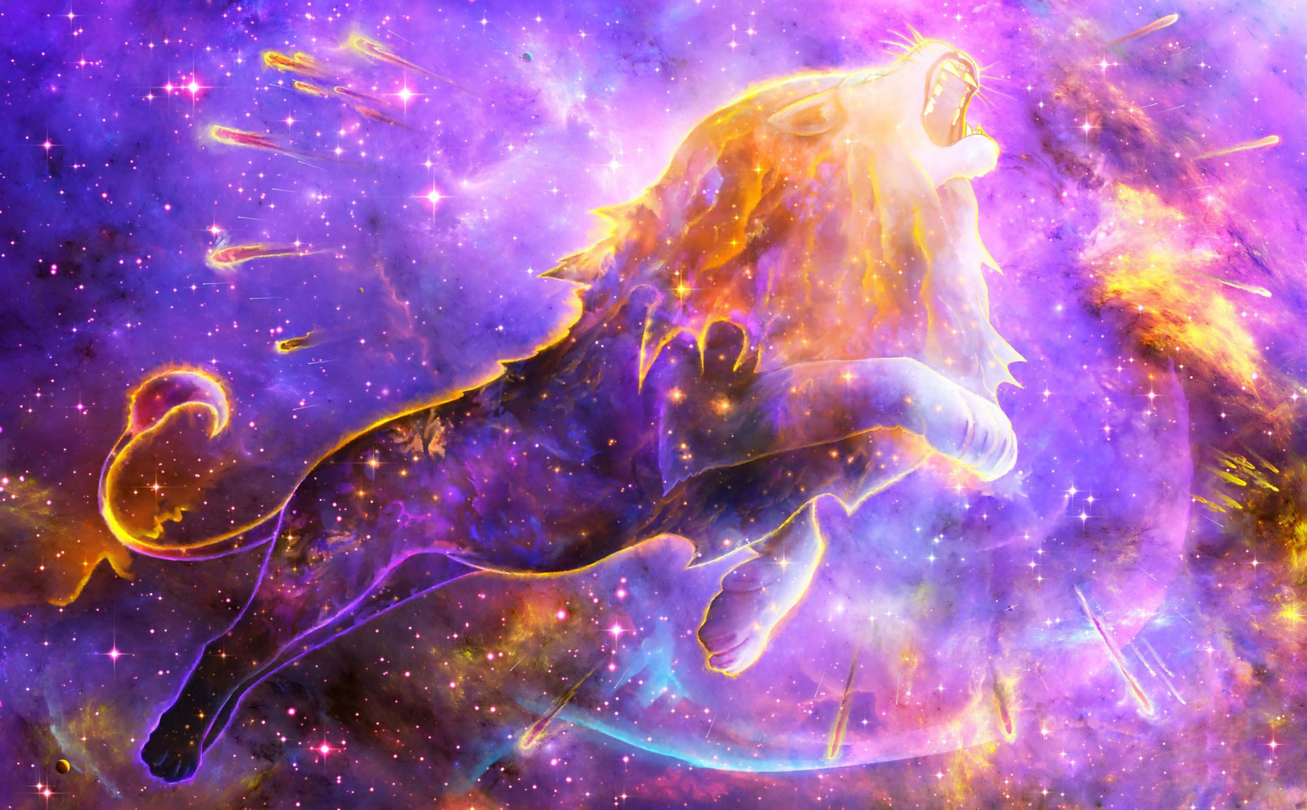 Lions 桌布 壁紙 — 一頭雄獅在充滿紫色、金色和粉紅色星星的鮮豔宇宙星雲中咆哮。