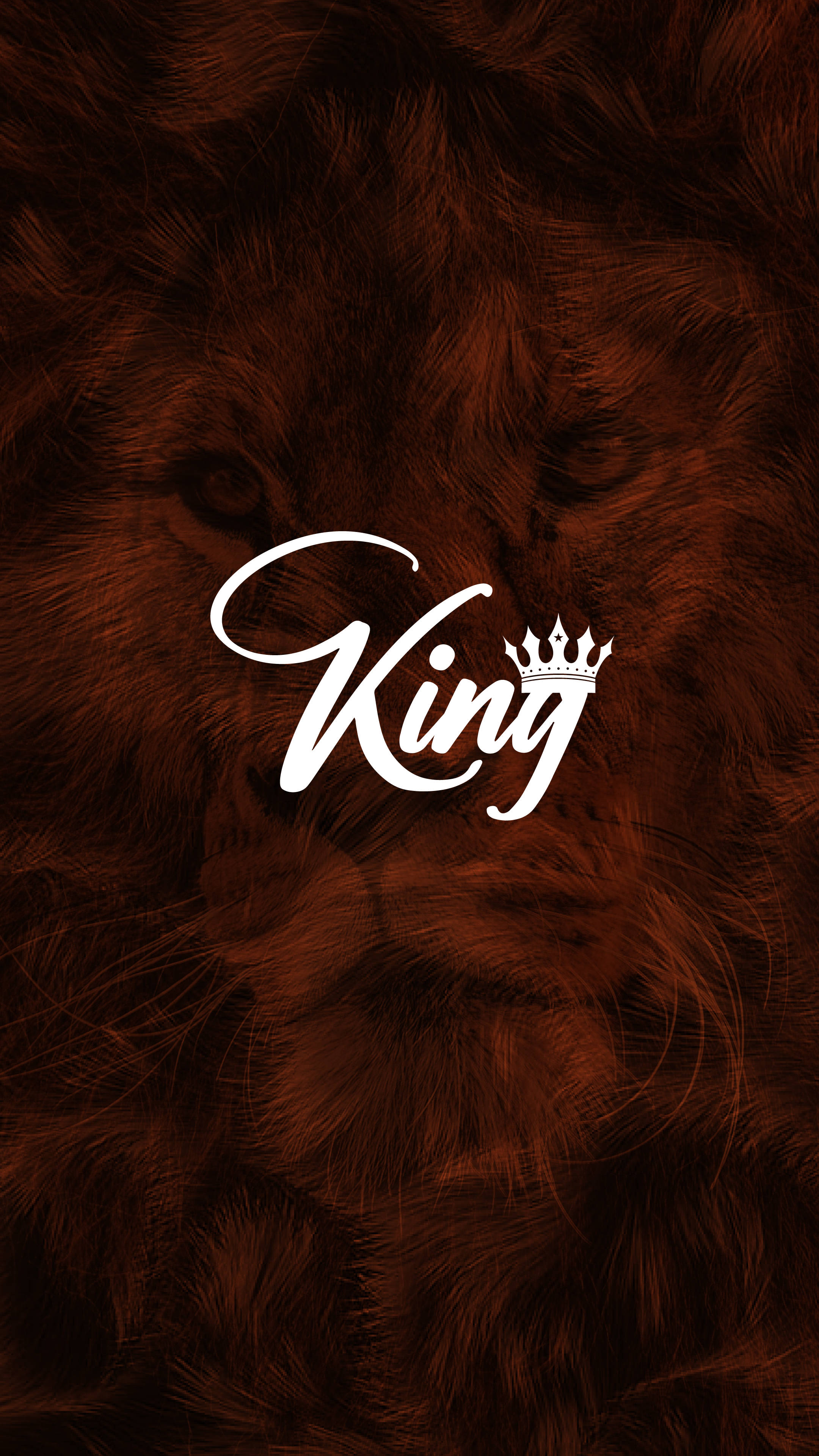 獅子 桌布 壁紙 — 一頭雄獅的臉，帶有白色草書 'King' 和皇冠疊加在濃郁的棕色皮毛上。