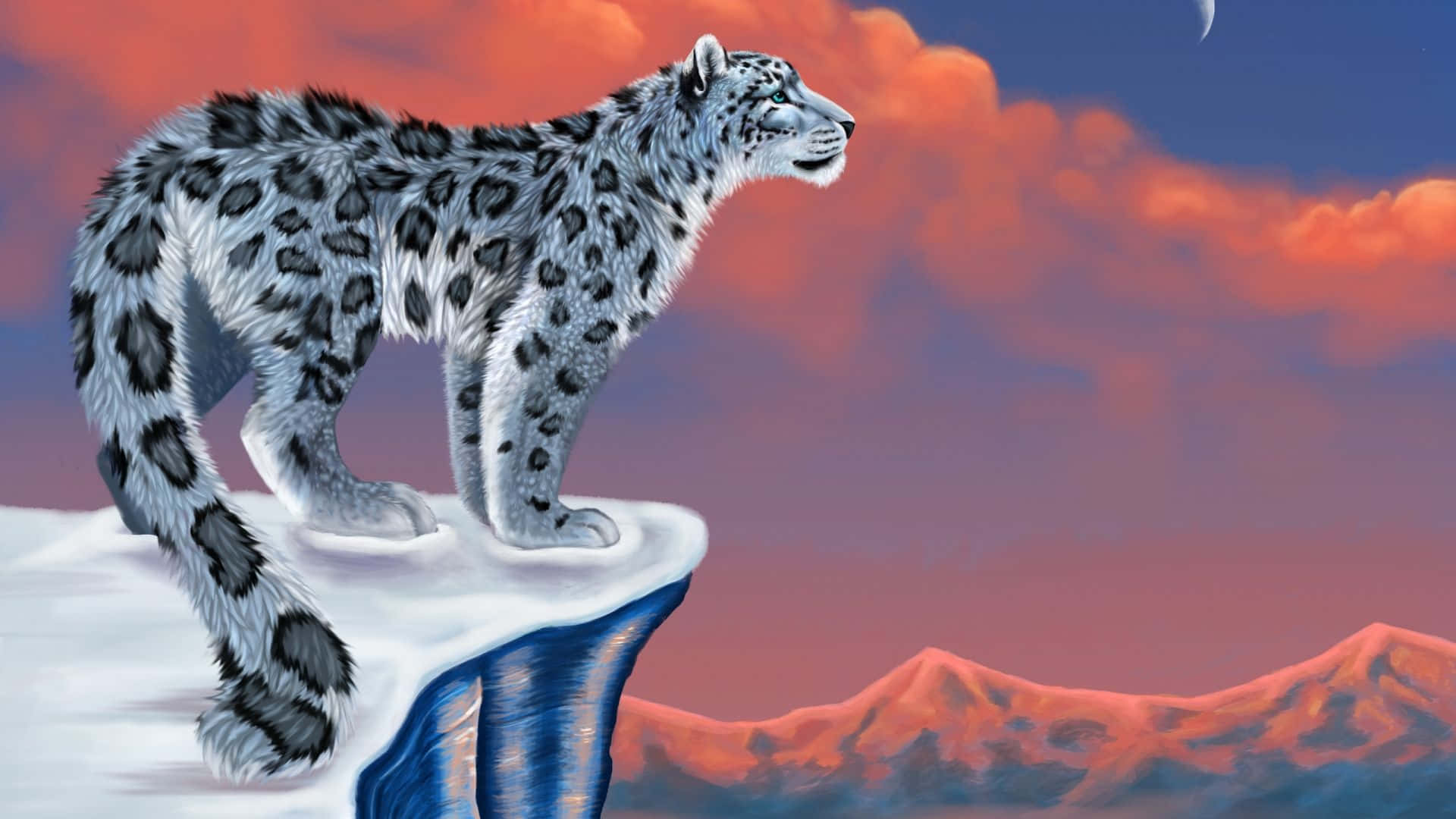 3d Animal 桌布 壁紙 — 一頭雪豹站在白雪覆蓋的懸崖邊，背景是熾熱的日落天空和遠山。