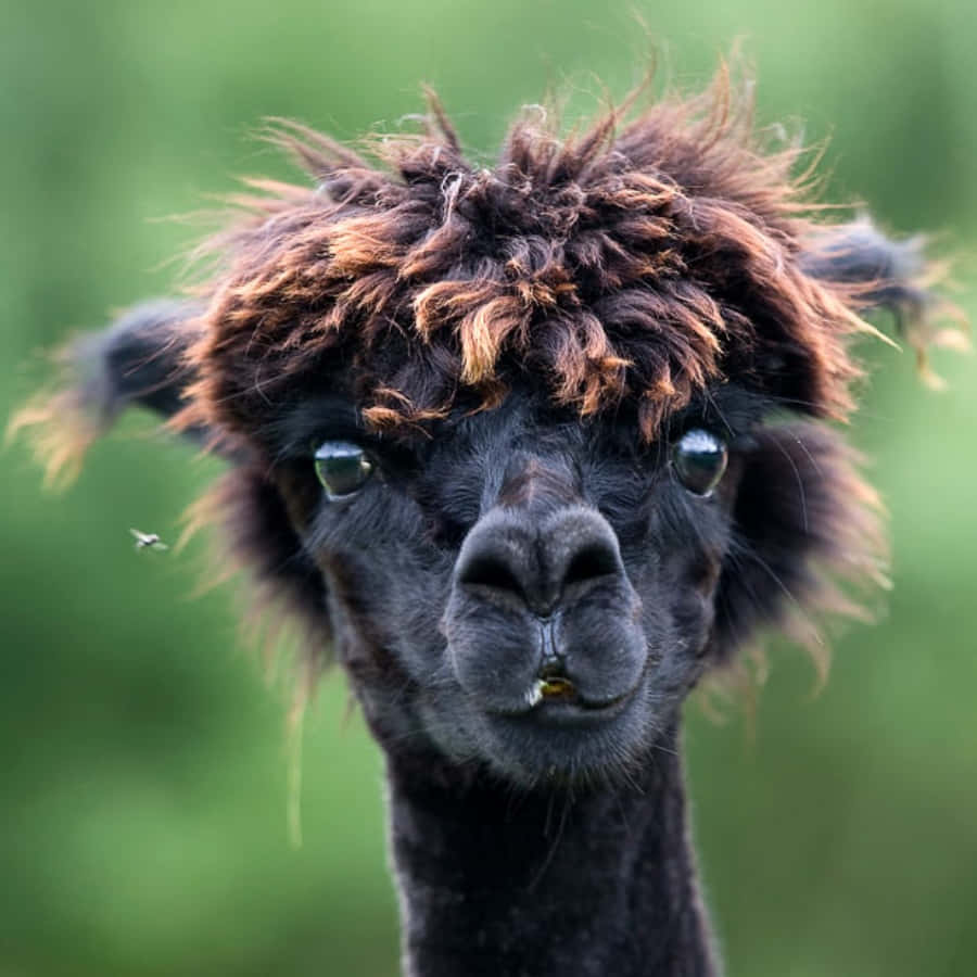 Alpaca 桌布 壁紙 — 一頭黑色羊駝的近距離特寫，頭頂有一團亂糟糟的棕色羊毛冠，直視鏡頭，背景是柔和的綠色。