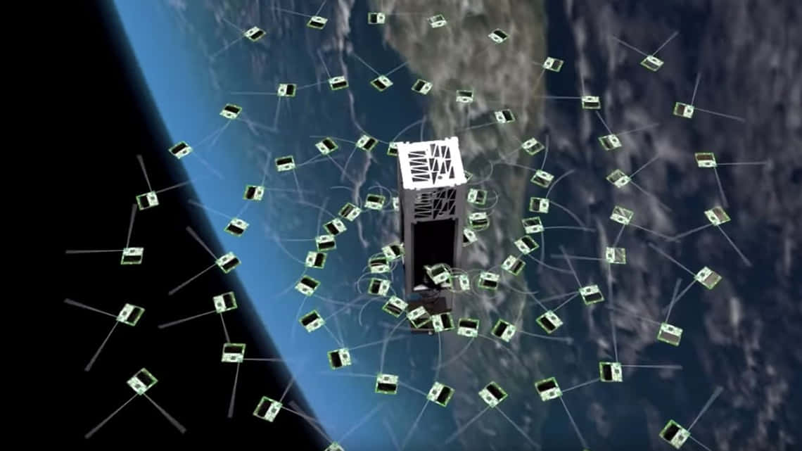 Satellite Technology 桌布 壁紙 — 一顆中央衛星被眾多較小的衛星環繞，在數碼3D渲染的太空場景中繞地球運行。