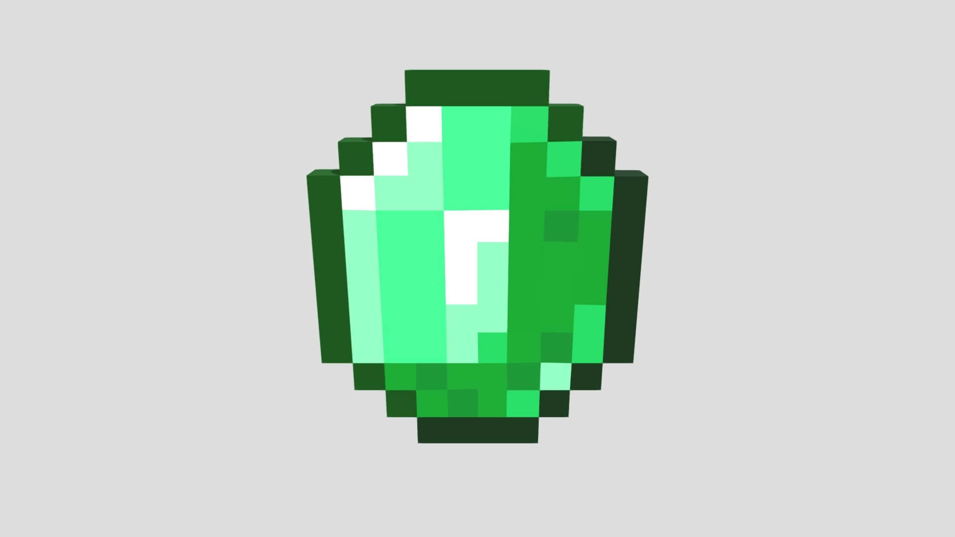 Minecraft Emeralds 桌布 壁紙 — 一顆像素化的綠色翡翠寶石，帶有不同深淺和白色高光，背景為淺灰色。