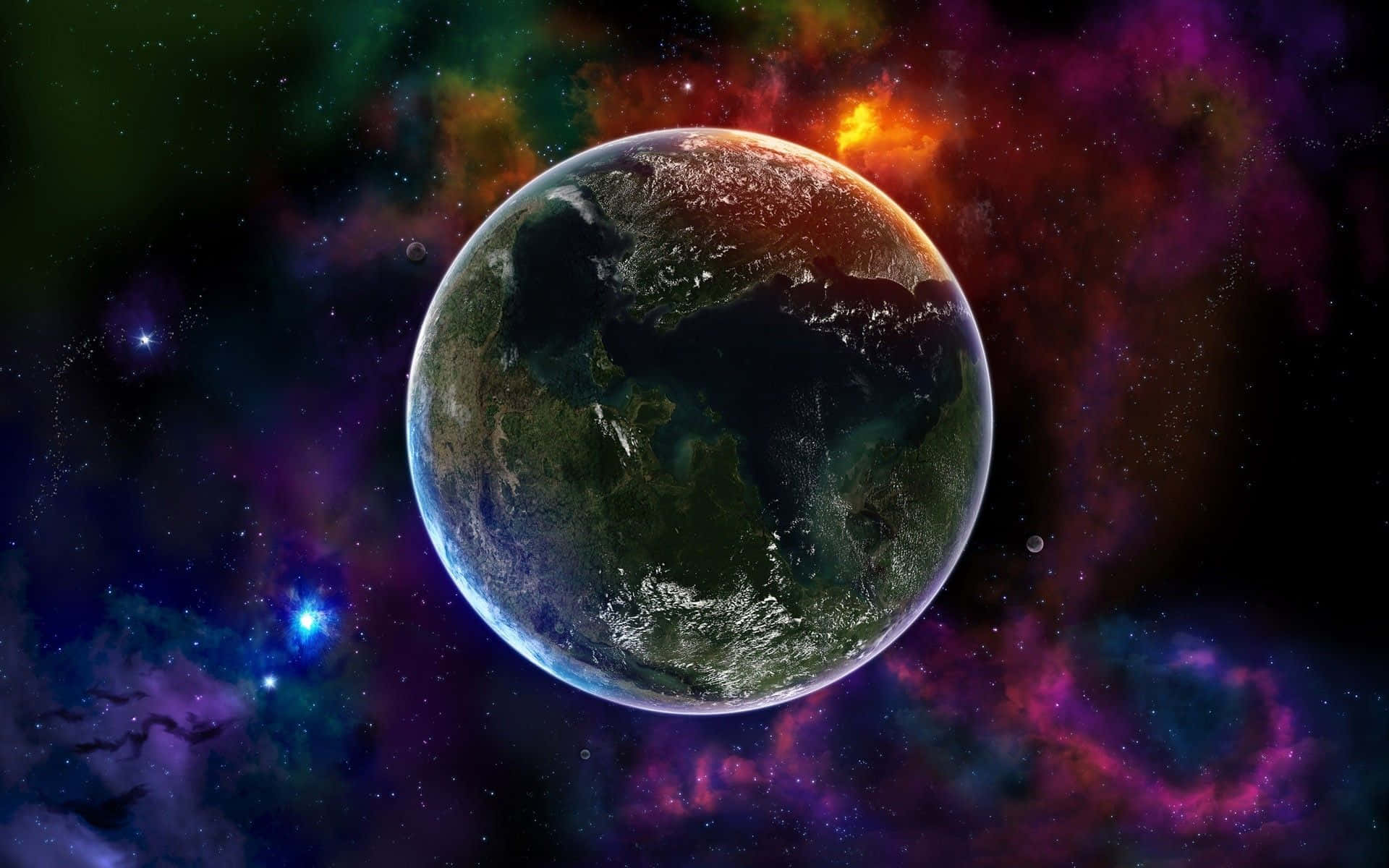 Colorful Space 桌布 壁紙 — 一顆充滿活力的地球在紫色、橙色和藍色宇宙氣體形成的旋轉星雲中靜靜漂浮，點綴著遙遠的星星。