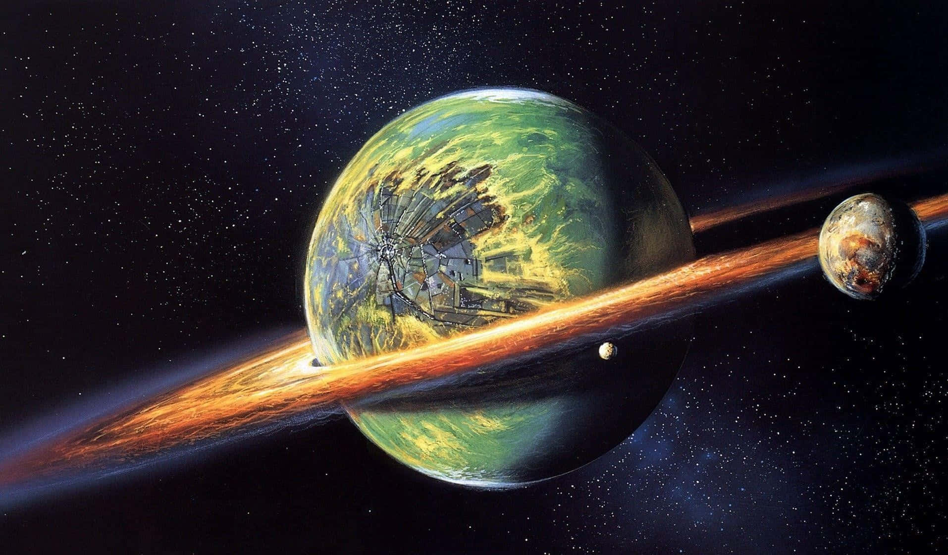 土星 桌布 壁紙 — 一顆充滿活力的綠色行星，擁有巨大的環系統和一個較小的衛星，在佈滿恆星的宇宙空間中運行。
