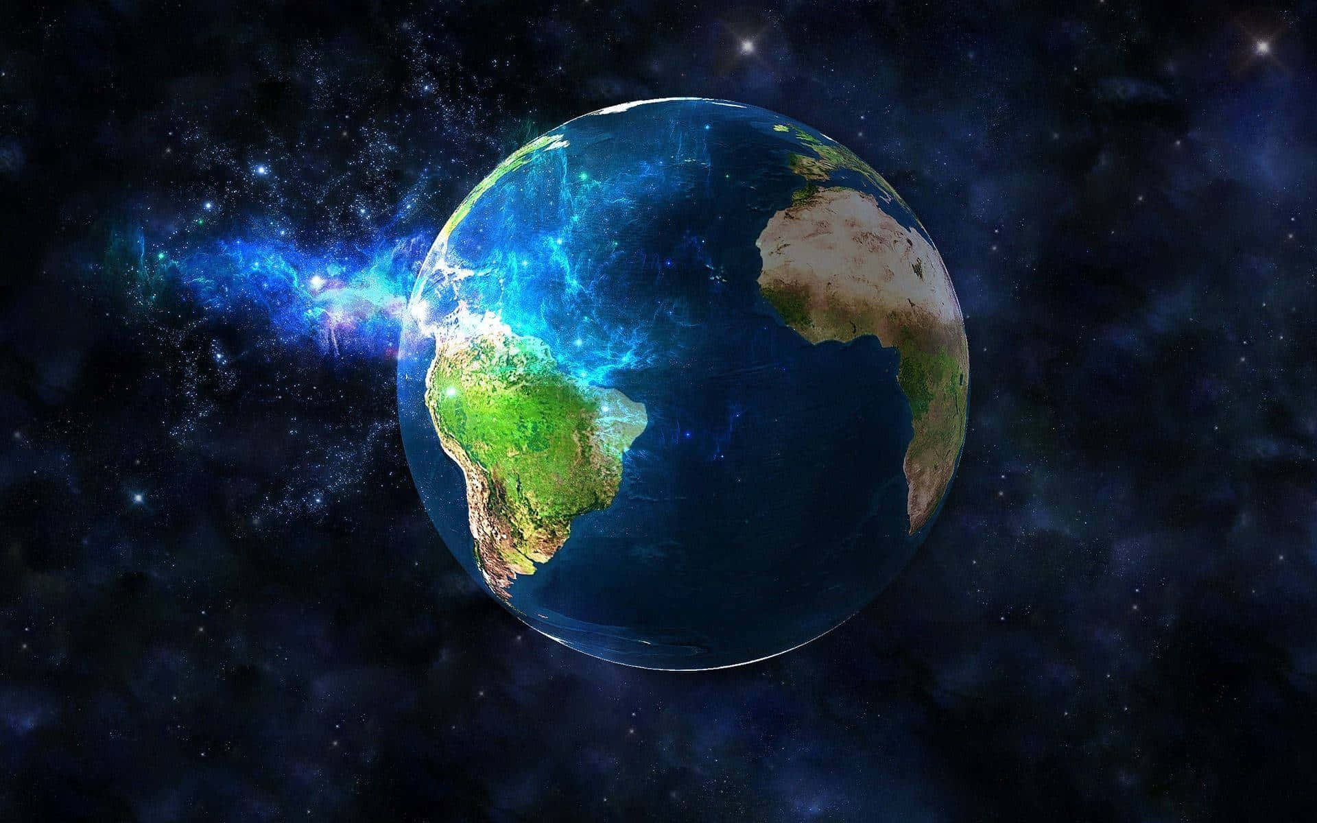World 桌布 壁紙 — 一顆充滿活力的藍色地球，帶有發光的能量軌跡，在佈滿星空的宇宙虛空中旋轉，背景是黑暗星雲。