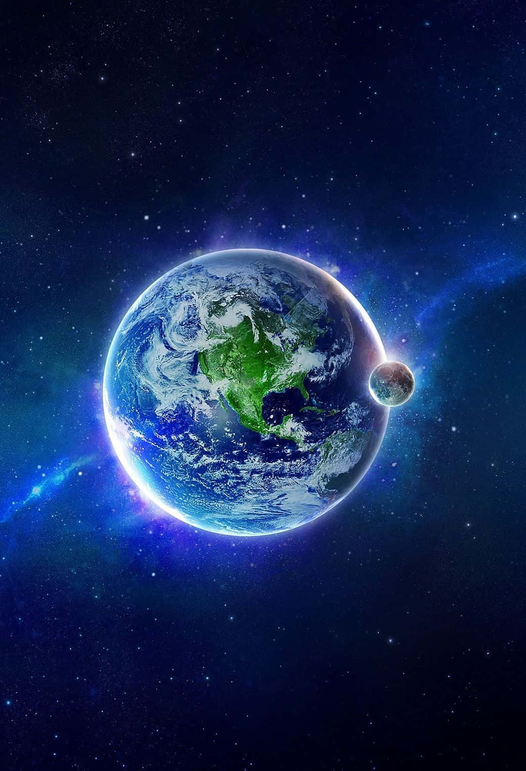 planet earth 桌布 壁紙 — 一顆充滿活力的藍色地球，帶有綠色大陸和旋轉的白雲，在繁星點點的宇宙背景下閃耀，附近有一顆較小的行星。