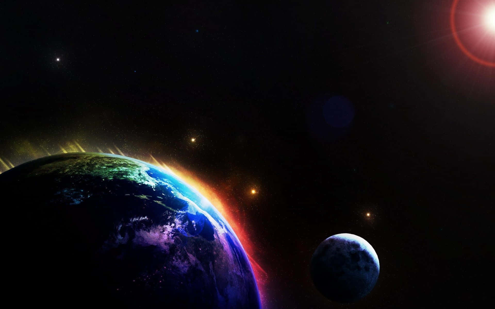 月亮與星星動畫 桌布 壁紙 — 一顆充滿活力的行星，帶有發光的大氣帶，在繁星點點的宇宙背景下，靠近一顆較小的衛星，環繞著一顆光芒四射的太陽運行。