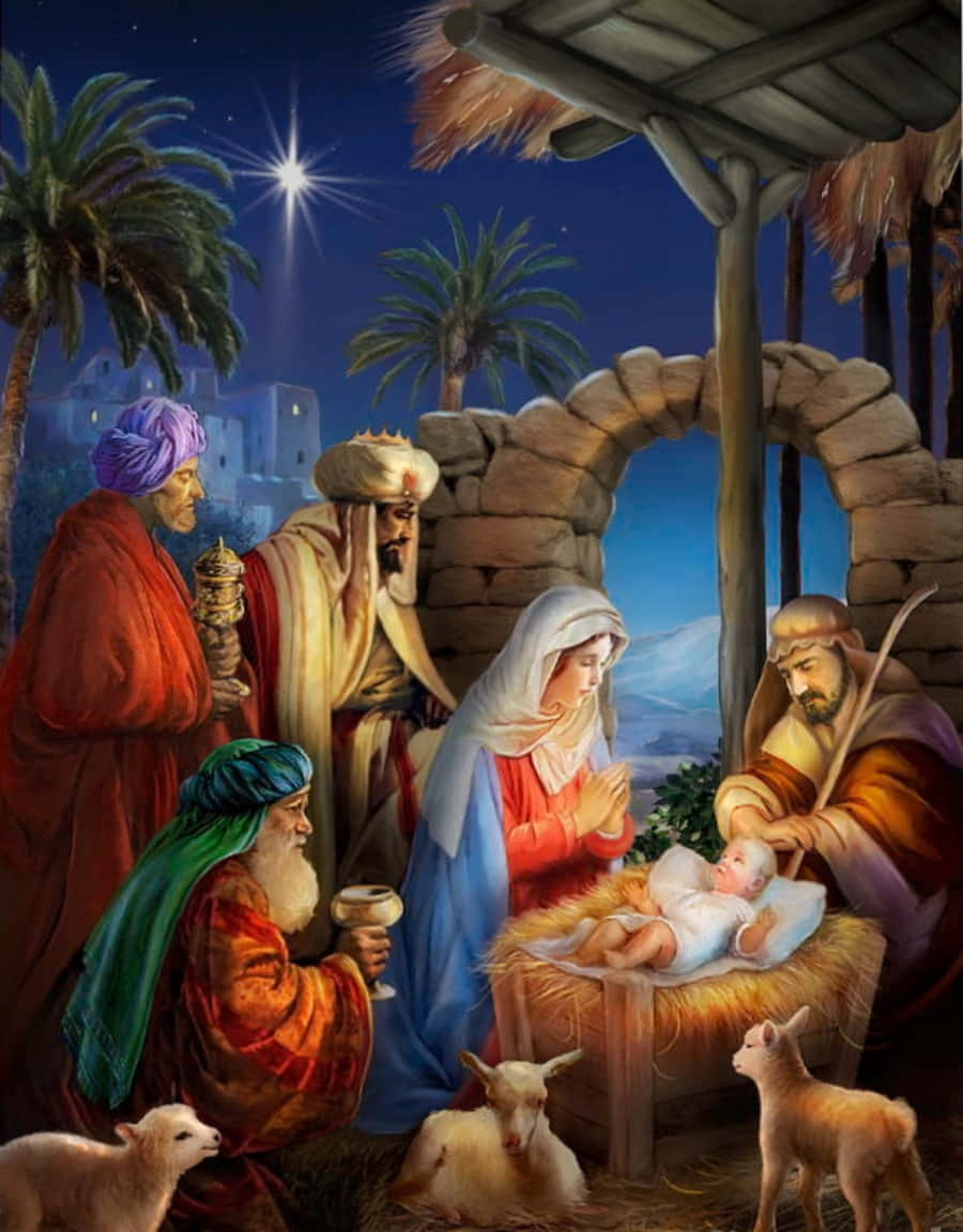 Nativity 桌布 壁紙 — 一顆光芒四射的星星照耀著耶穌誕生的場景，有瑪利亞、約瑟、嬰兒耶穌、牧羊人和棕櫚樹，背景是深藍色的夜空。