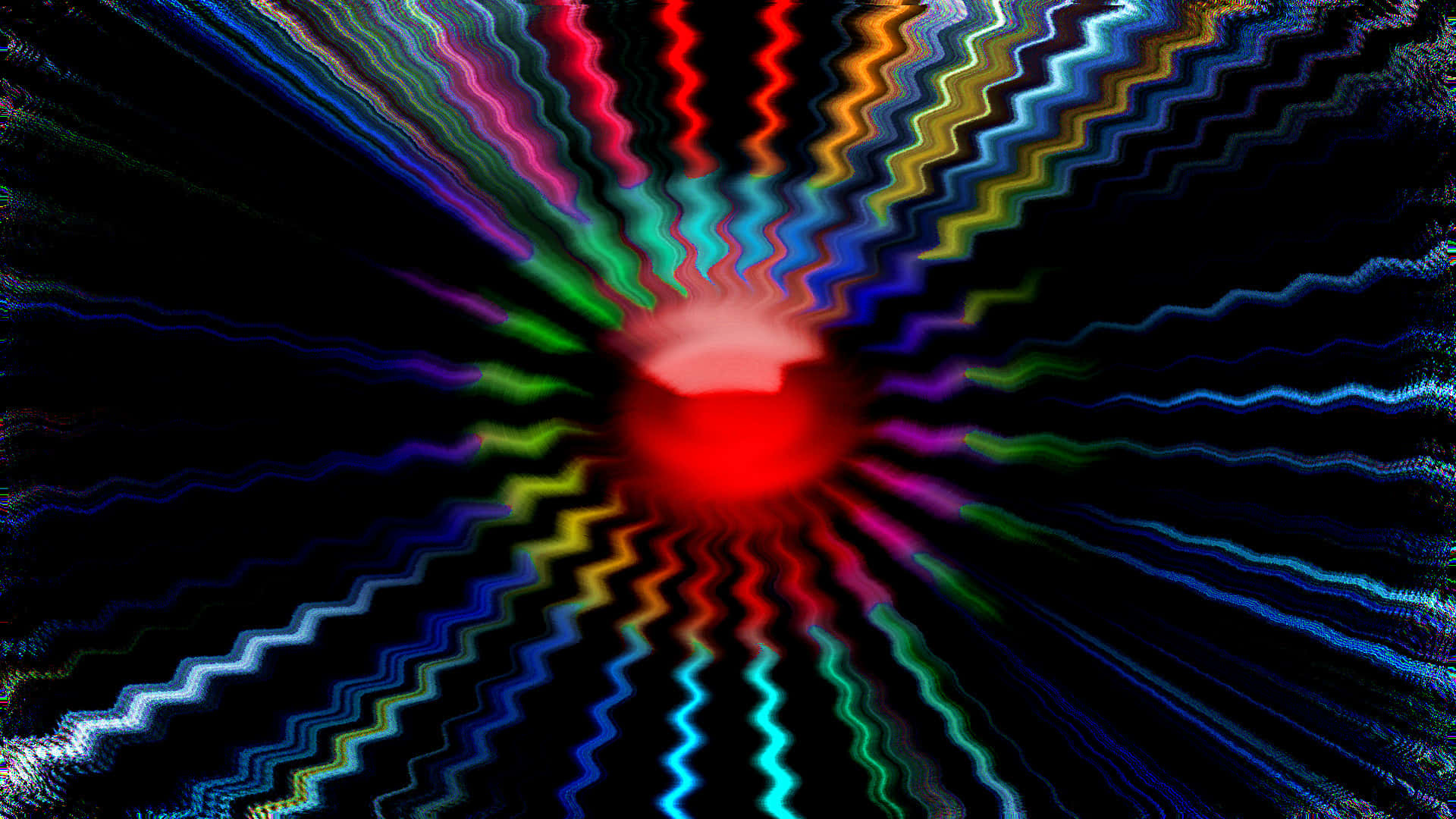 Trippy 3d Art 桌布 壁紙 — 一顆光芒四射的紅色球體在黑色虛空中心脈動，散發出充滿活力的彩虹色波浪條紋，形成催眠般的數碼爆炸。