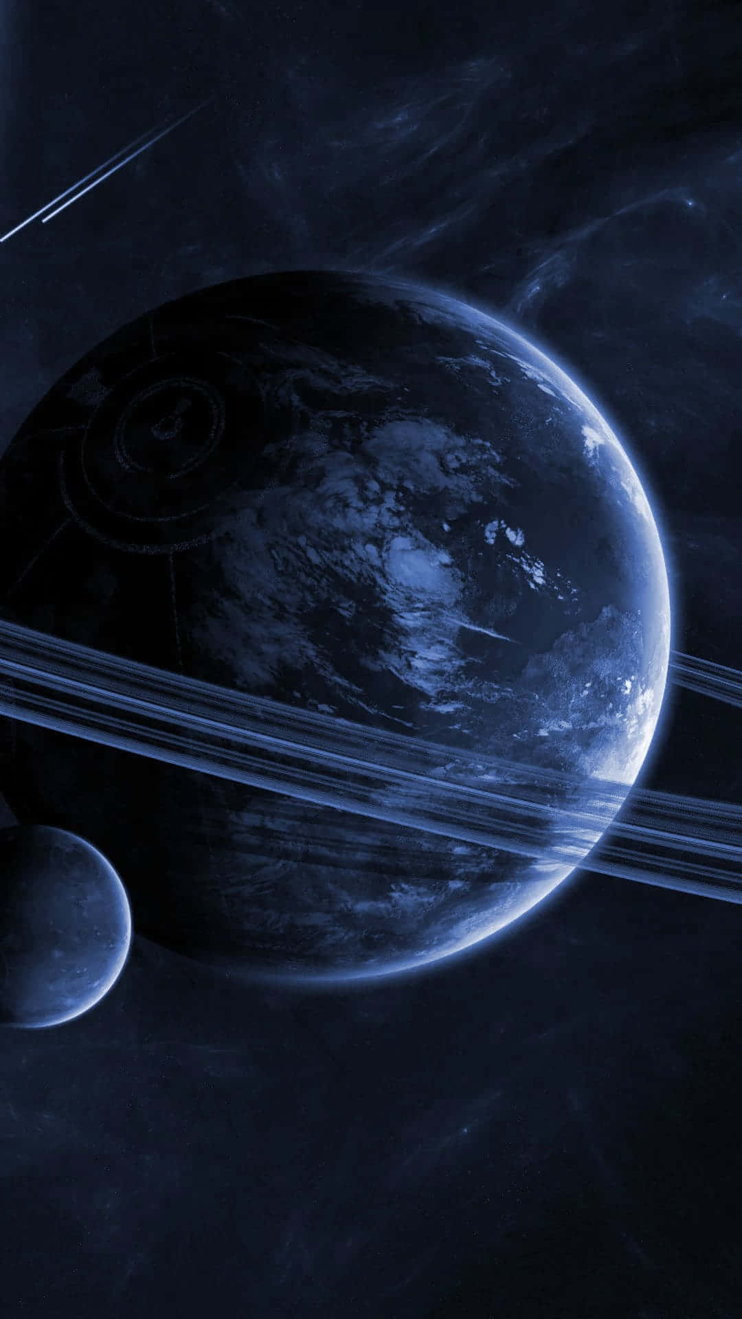 土星 桌布 壁紙 — 一顆壯麗的藍色行星帶有光環和衛星，在繁星點點的宇宙背景下柔和發光。