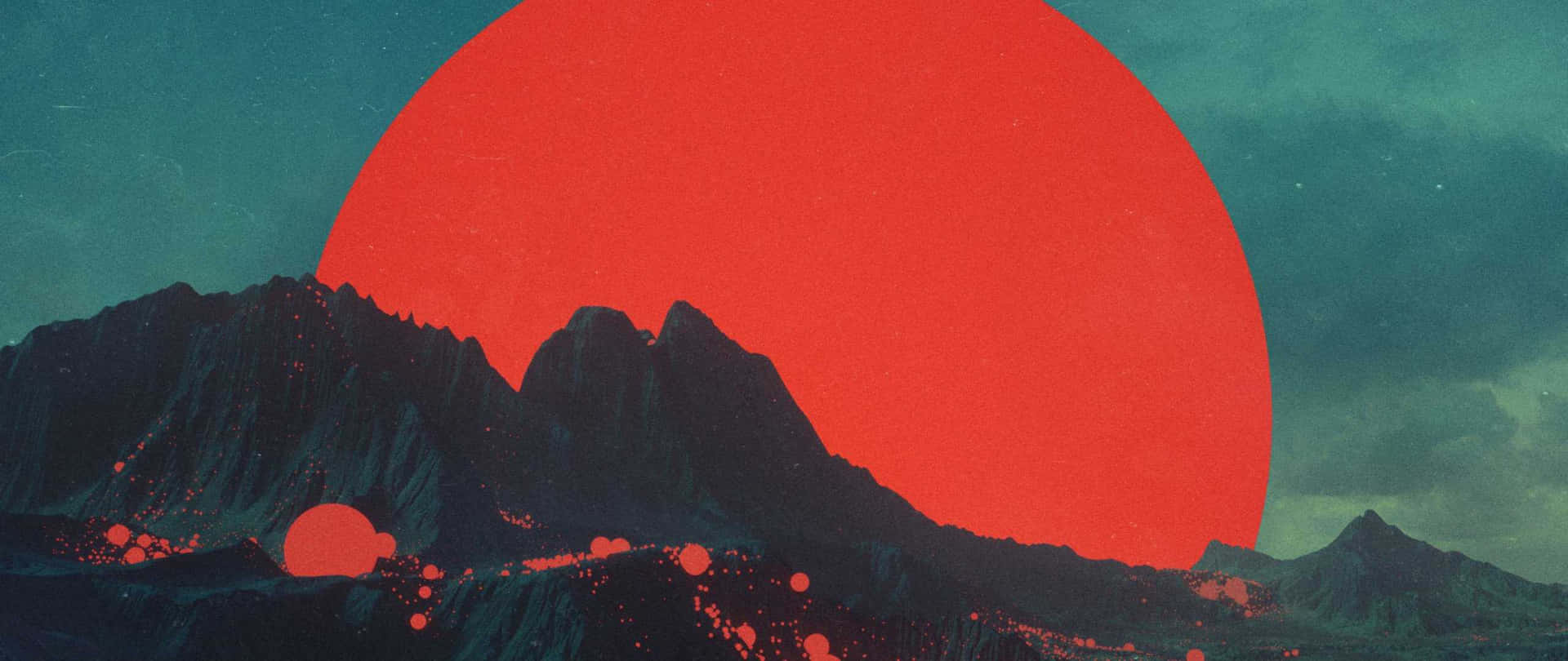巨大紅色太陽下，青綠色天空中漂浮球體的超現實山脈。
