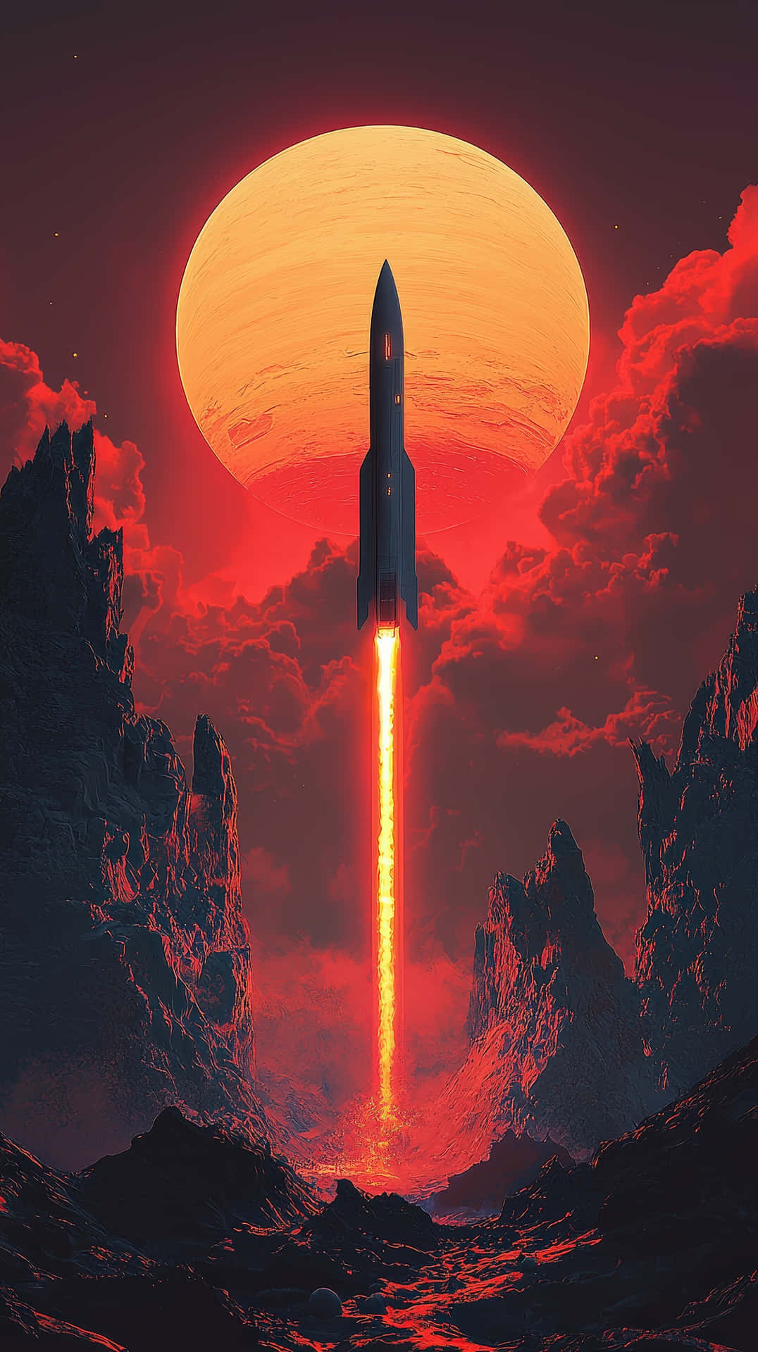 從外星行星發射火箭，紅色天空和巨大太陽