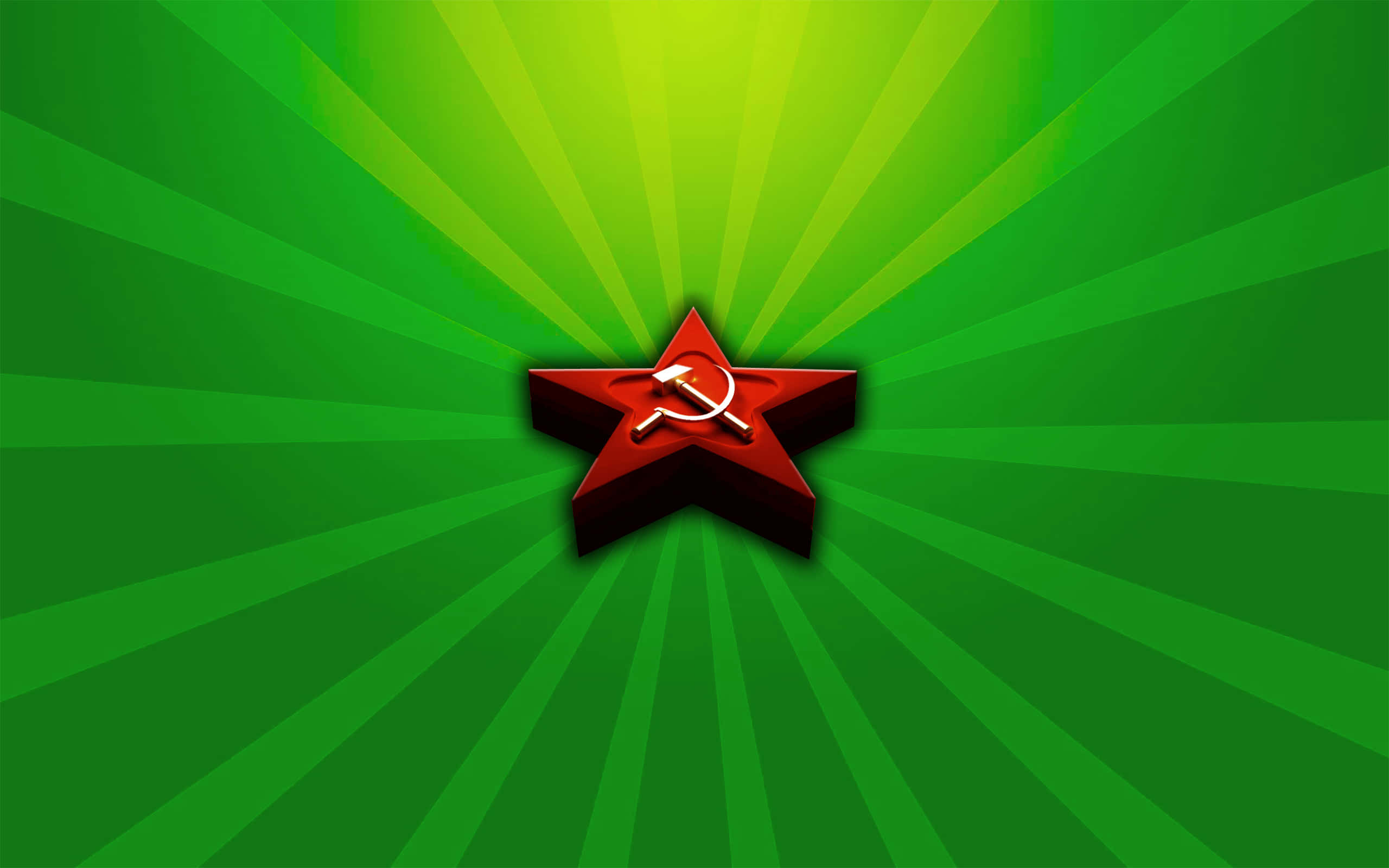 Red Star 桌布 壁紙 — 一顆大膽的紅星，帶有錘子和鐮刀標誌，從充滿活力的綠色徑向漸變背景中散發光芒。