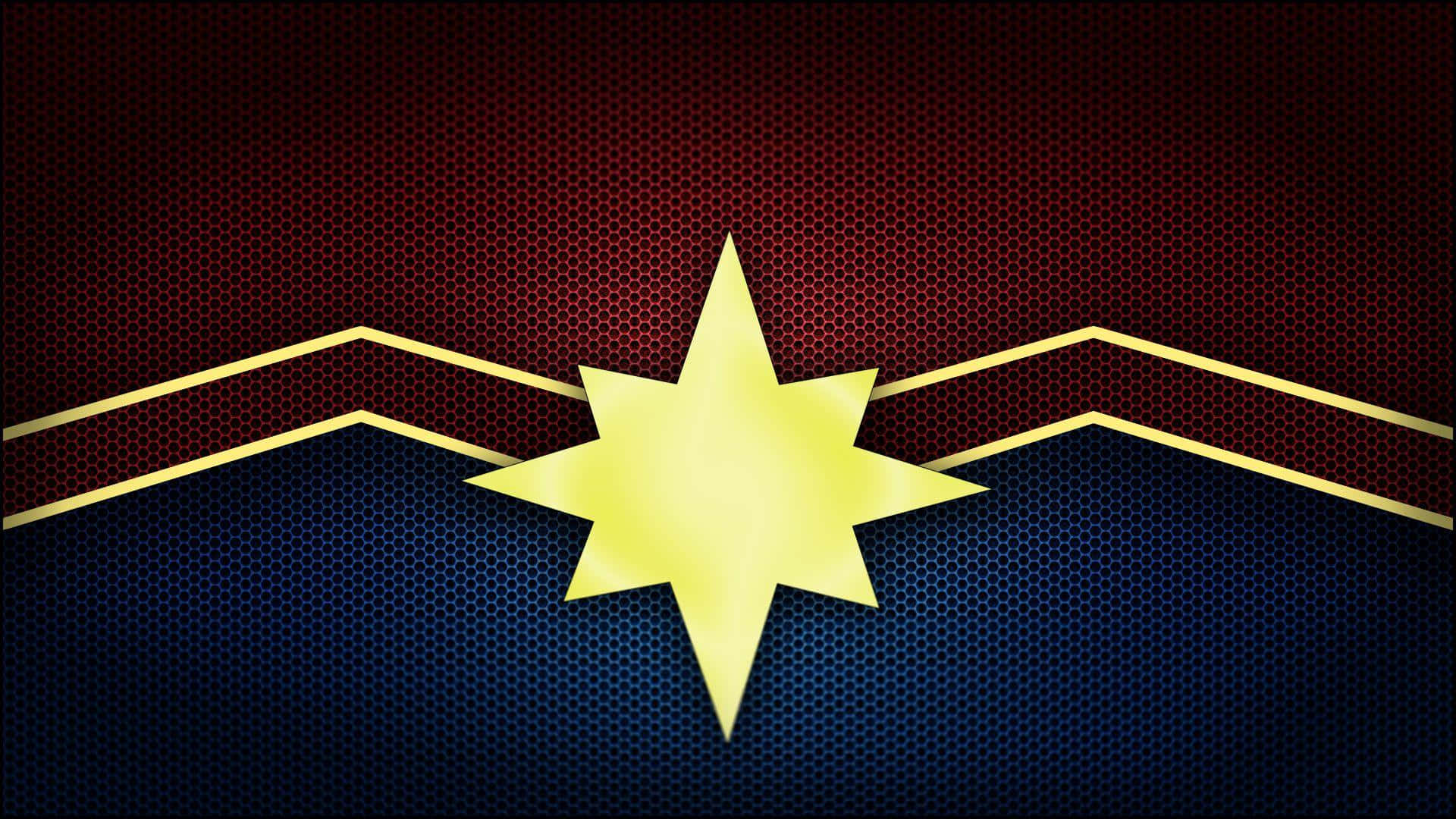 Captain Marvel HD 桌布 壁紙 — 一顆大膽的金色星星，位於紅藍分半的六角形網格背景中央，帶有金色邊飾。