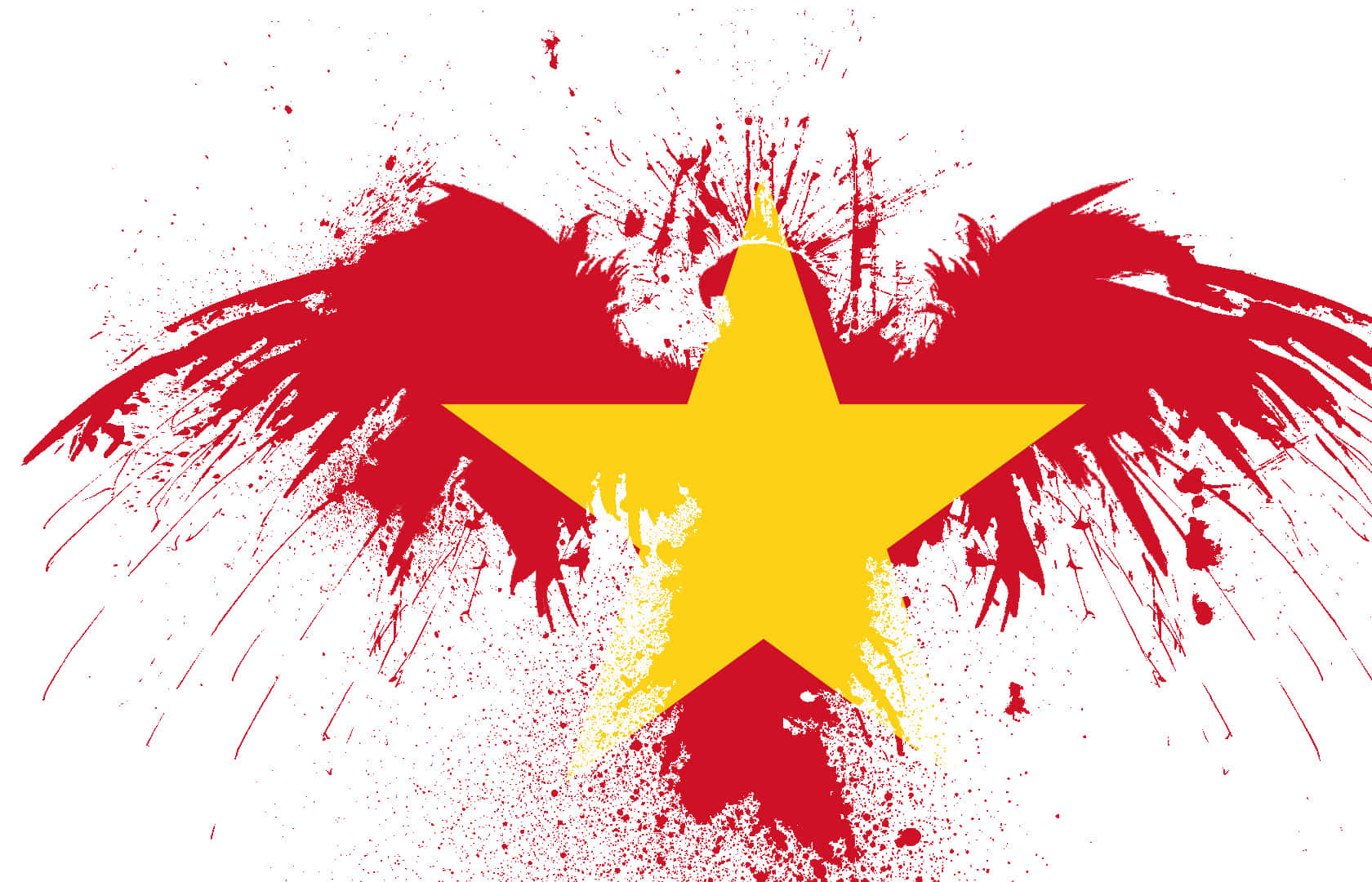 Vietnam 桌布 壁紙 — 一顆大膽的黃色星星帶有紅色飛濺翅膀，在純白背景上以粗獷的藝術風格閃耀。