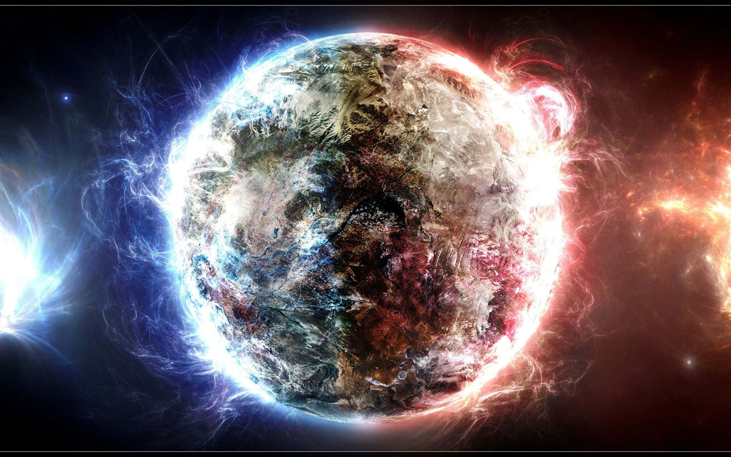 Magnetic Field 桌布 壁紙 — 一顆宇宙行星，旋轉的藍色和紅色能量場在黑暗的星空虛空中爆發。