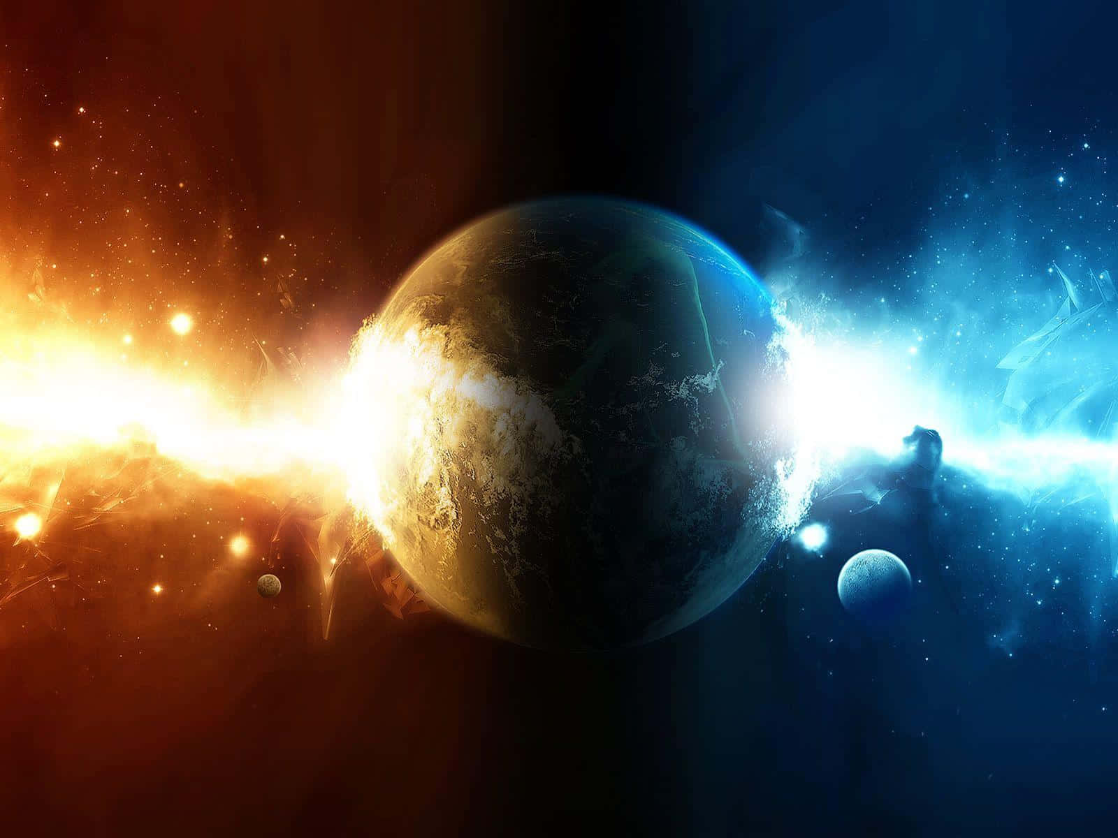 太陽與月亮 桌布 壁紙 — 一顆宇宙行星被一道輻射能量光束分裂，在星空中發出橙色和藍色的光芒。