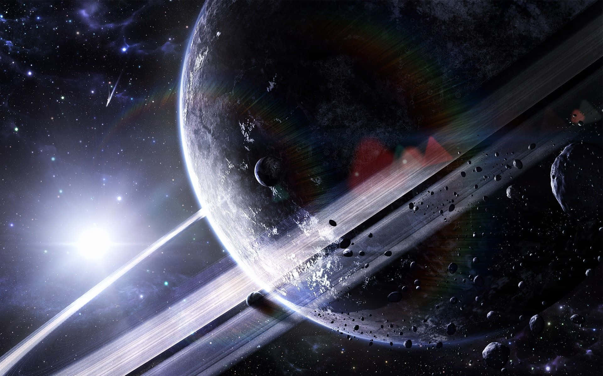 Cool Space 桌布 壁紙 — 一顆宏偉的環狀行星在一顆明亮的恆星下發光，小行星在宇宙塵埃中漂流。